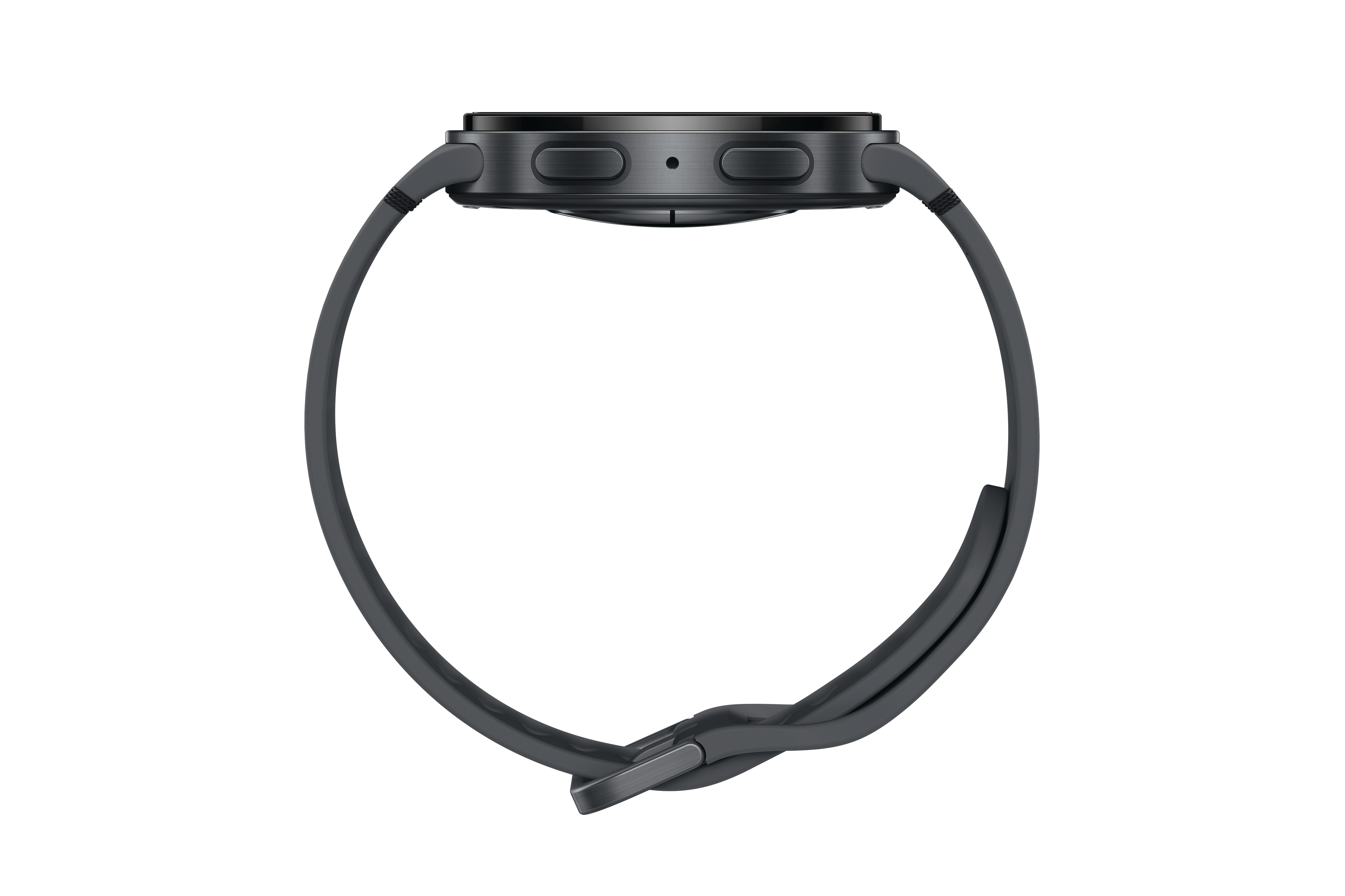 Eine dunkelgraue Smartwatch mit gebogenem Armband wird vor weißem Hintergrund gezeigt. Die Uhr ist von der Seite zu sehen.