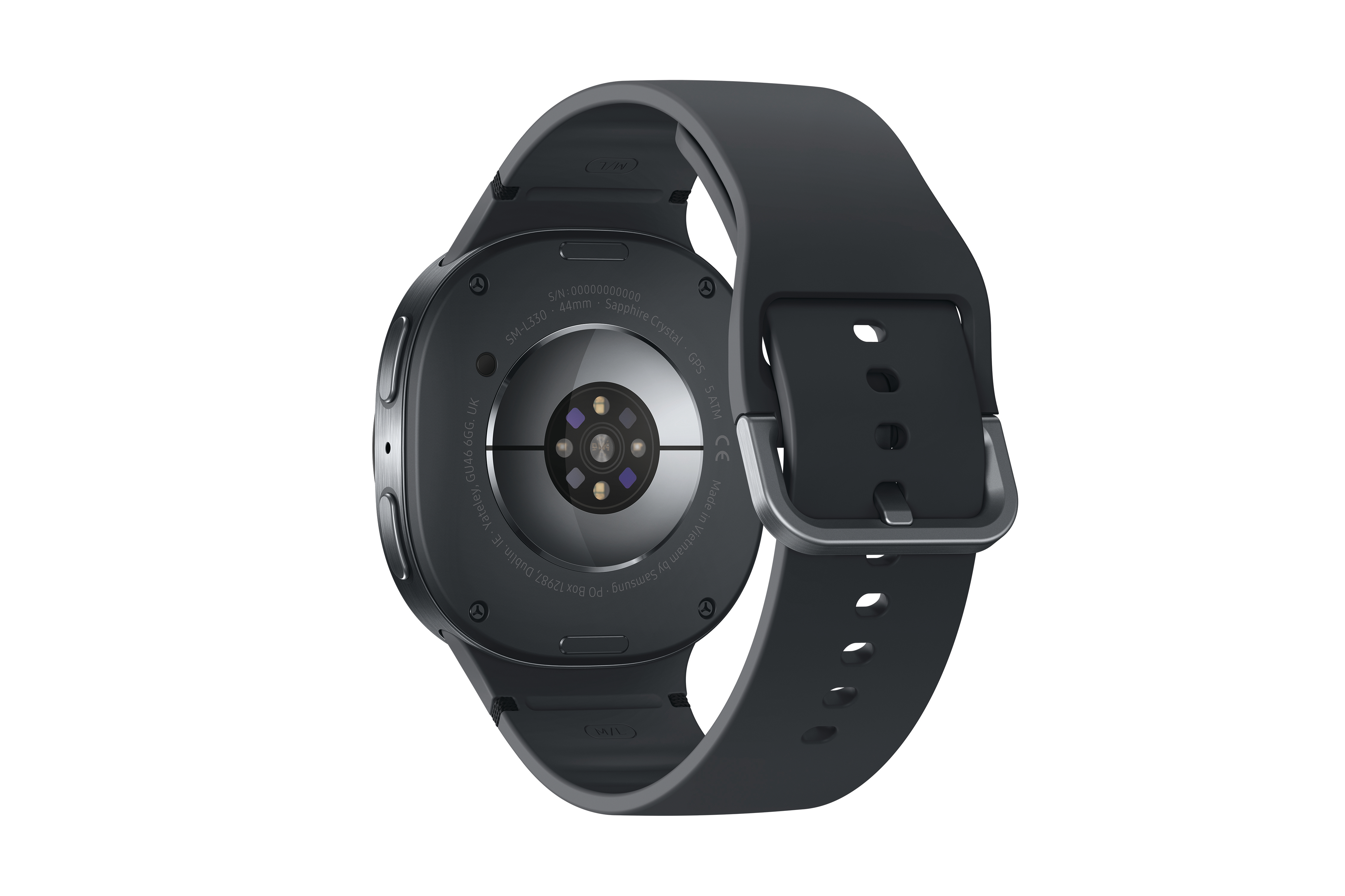 Schwarze Smartwatch mit schwarzem Armband. Die Rückseite der Uhr hat Text und Sensoren. Weißer Hintergrund.