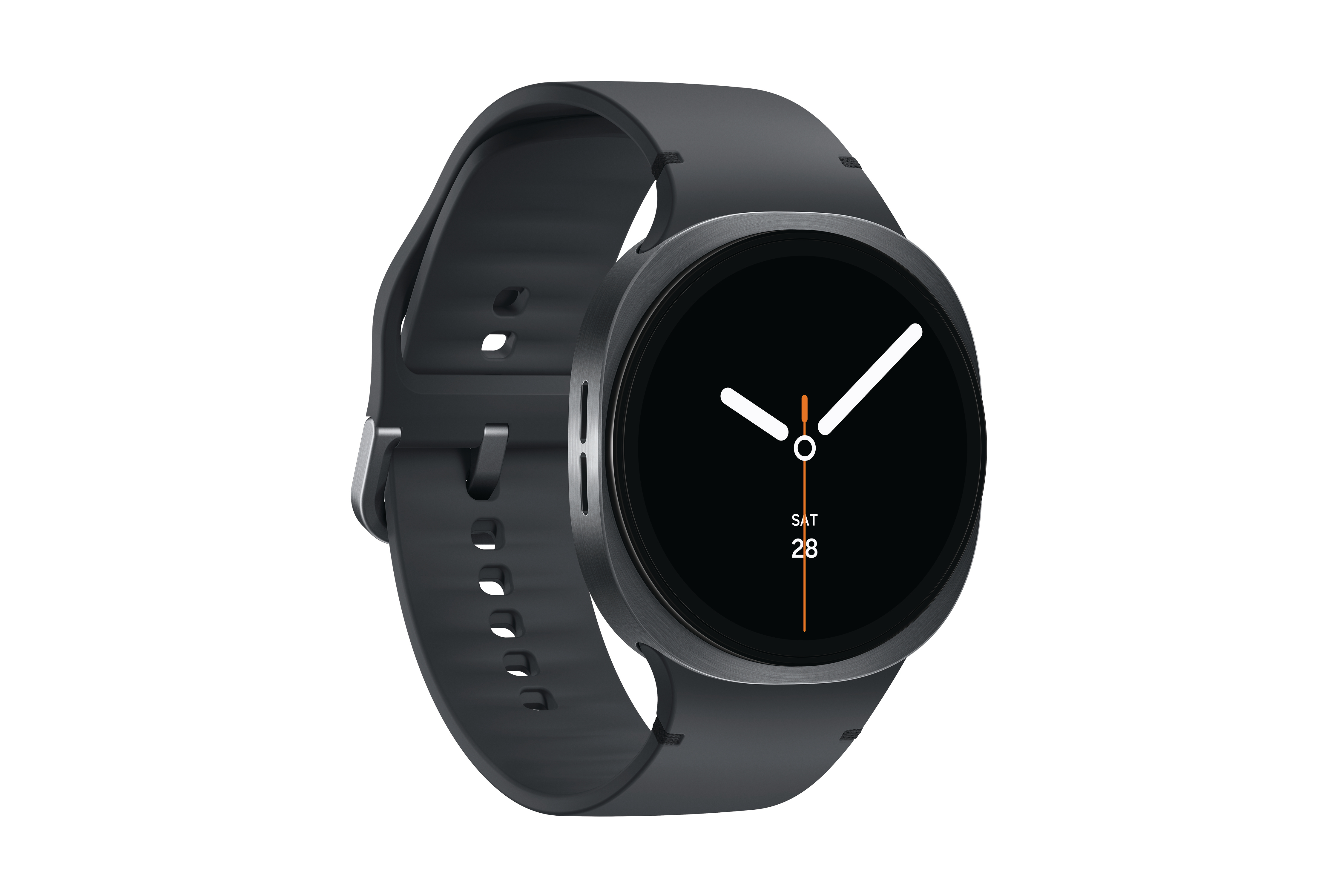 Eine schwarze Smartwatch mit schwarzem Armband. Das Zifferblatt zeigt die Uhrzeit und das Datum, Samstag 28.