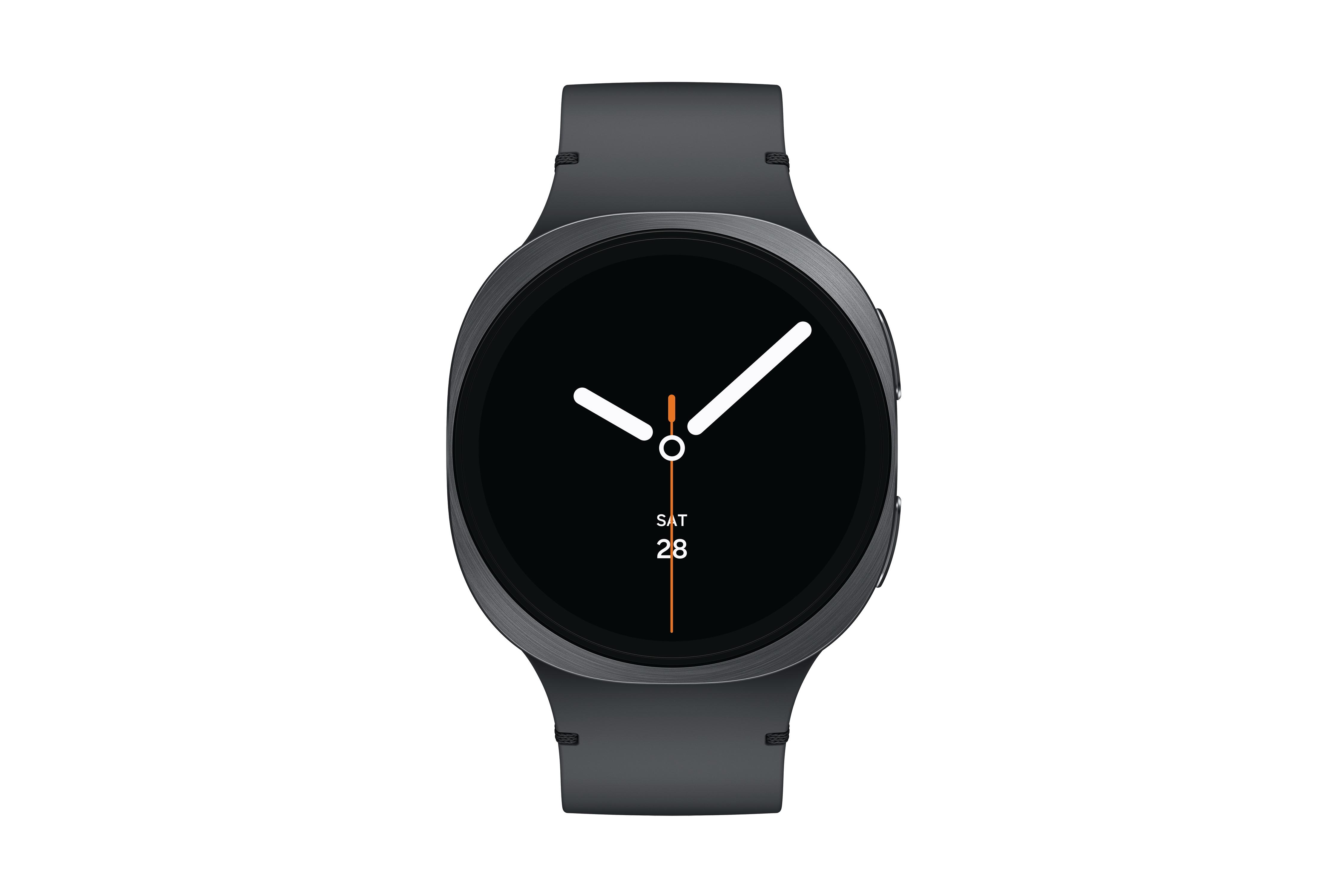 Eine graue Smartwatch auf weißem Hintergrund. Das Zifferblatt ist schwarz und zeigt die Uhrzeit. Das Datum ist Samstag, 28.