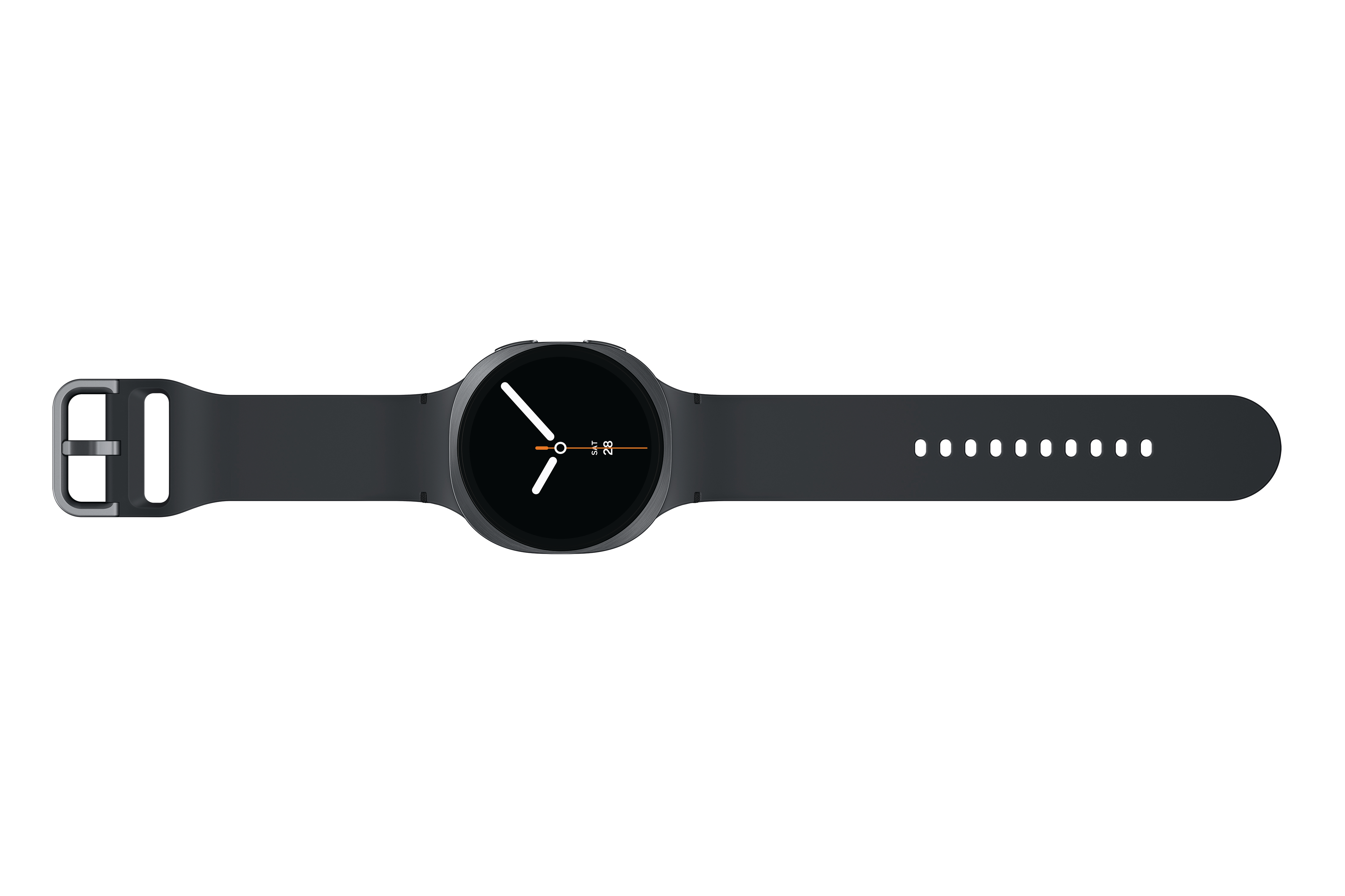 Eine schwarze Smartwatch liegt flach. Das Zifferblatt zeigt die Uhrzeit. Das Armband hat Löcher.