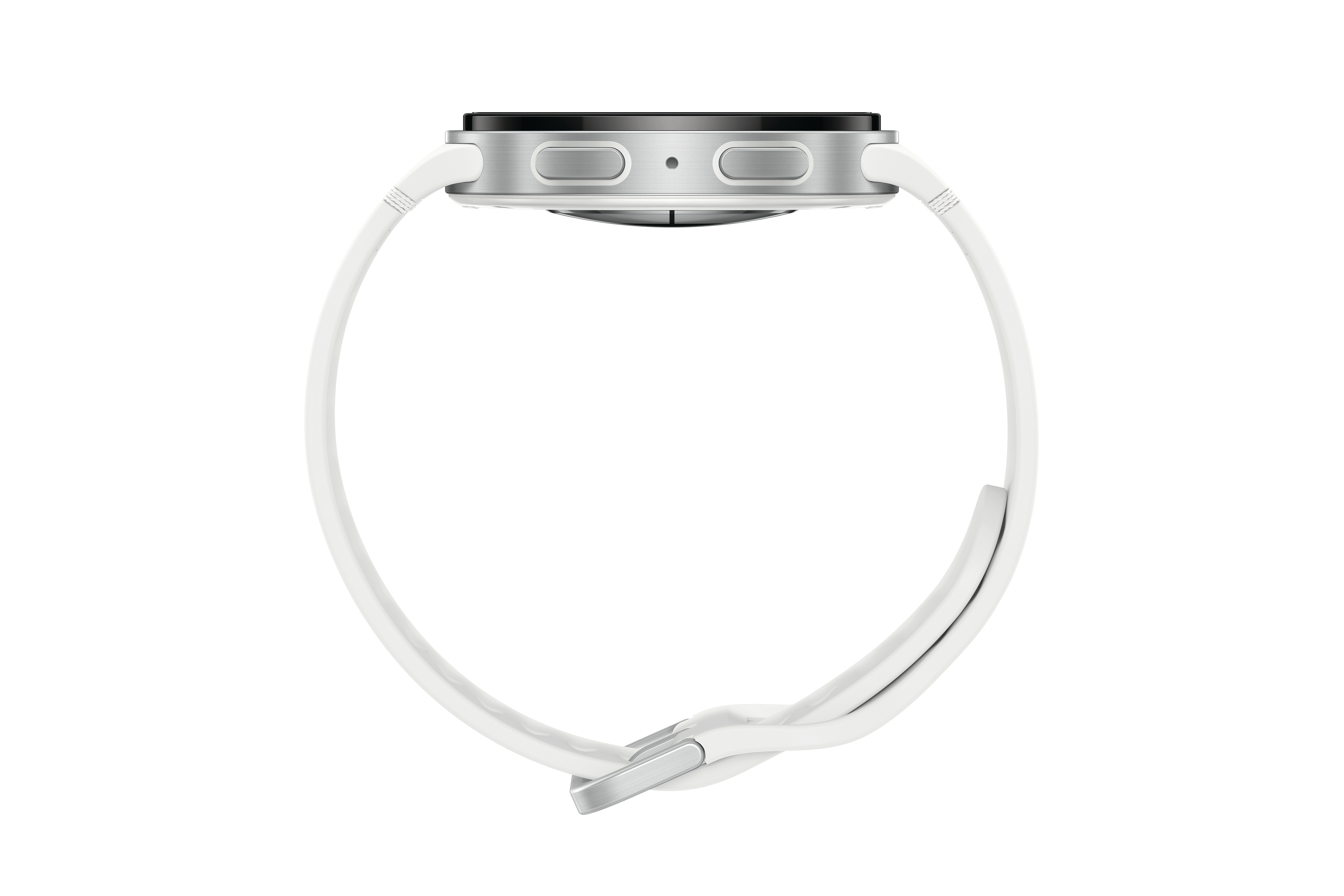 Eine silberne Smartwatch mit schwarzem Bildschirm und weißem Armband wird vor weißem Hintergrund angezeigt.