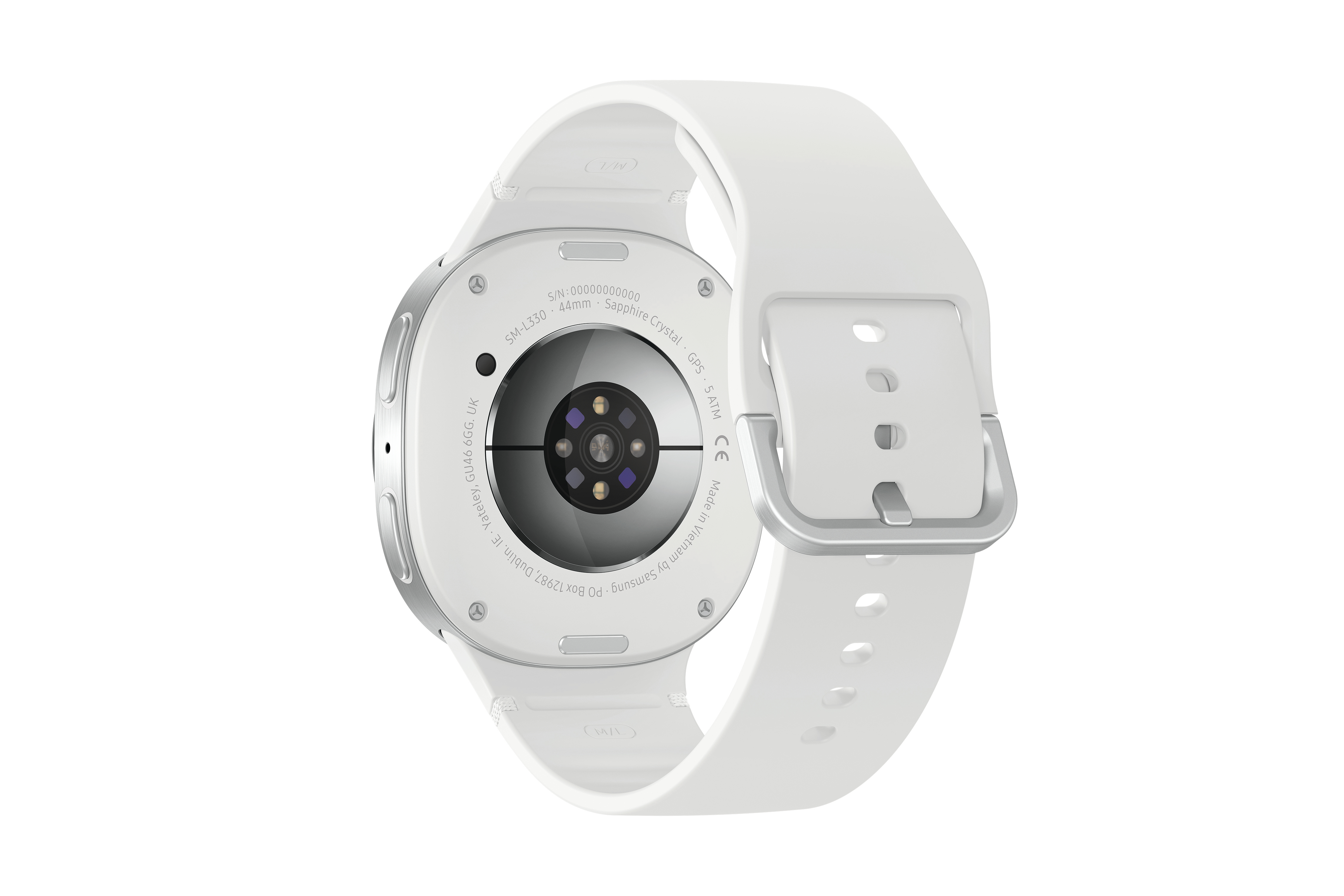 Weiße Samsung-Smartwatch, Rückansicht. Zeigt Armband, Verschluss und Zifferblatt mit Etiketten, Seriennummer und Sensoren.