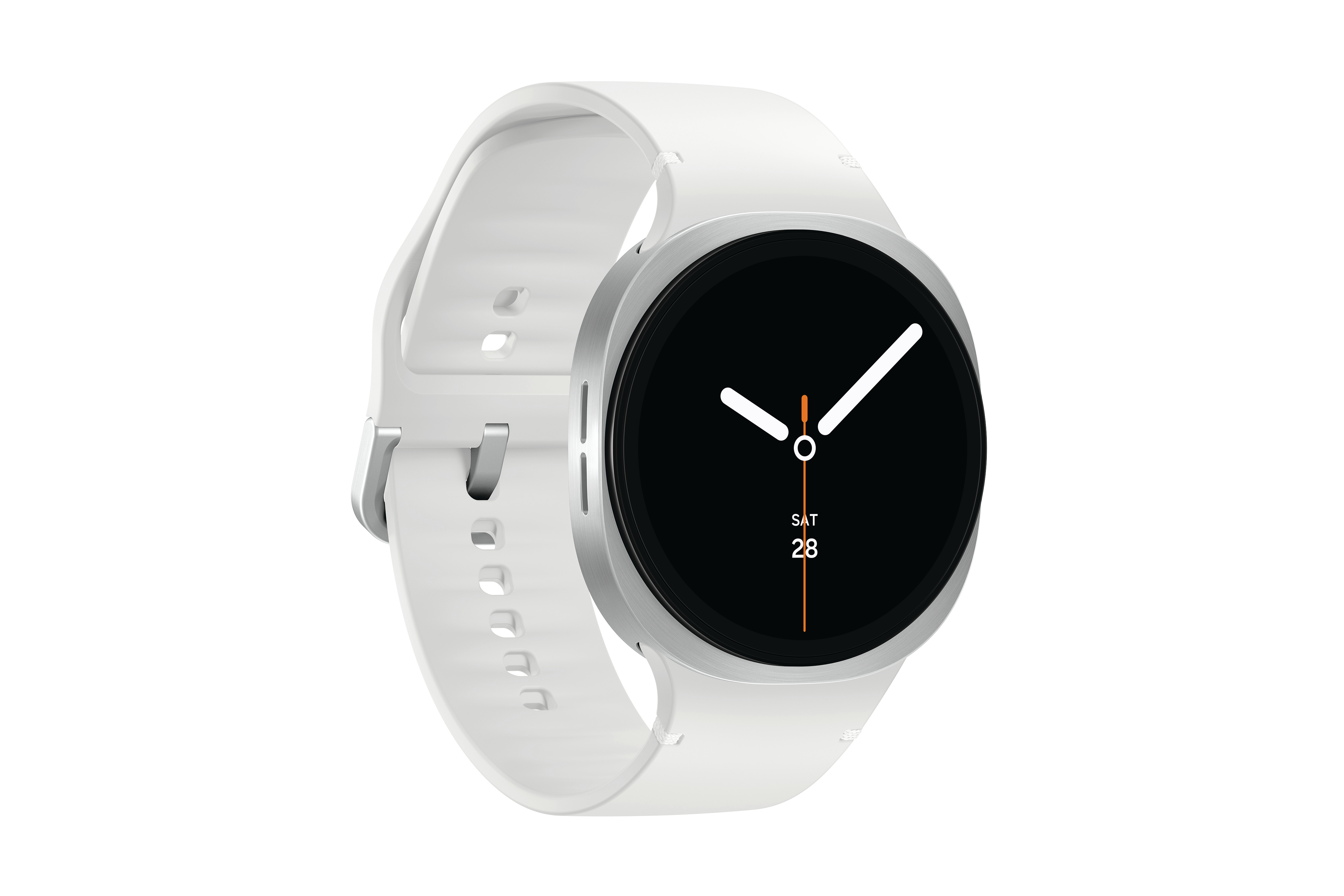 Eine weiße Smartwatch mit schwarzem Zifferblatt, das die Uhrzeit anzeigt. Die Uhr hat ein weißes Armband.