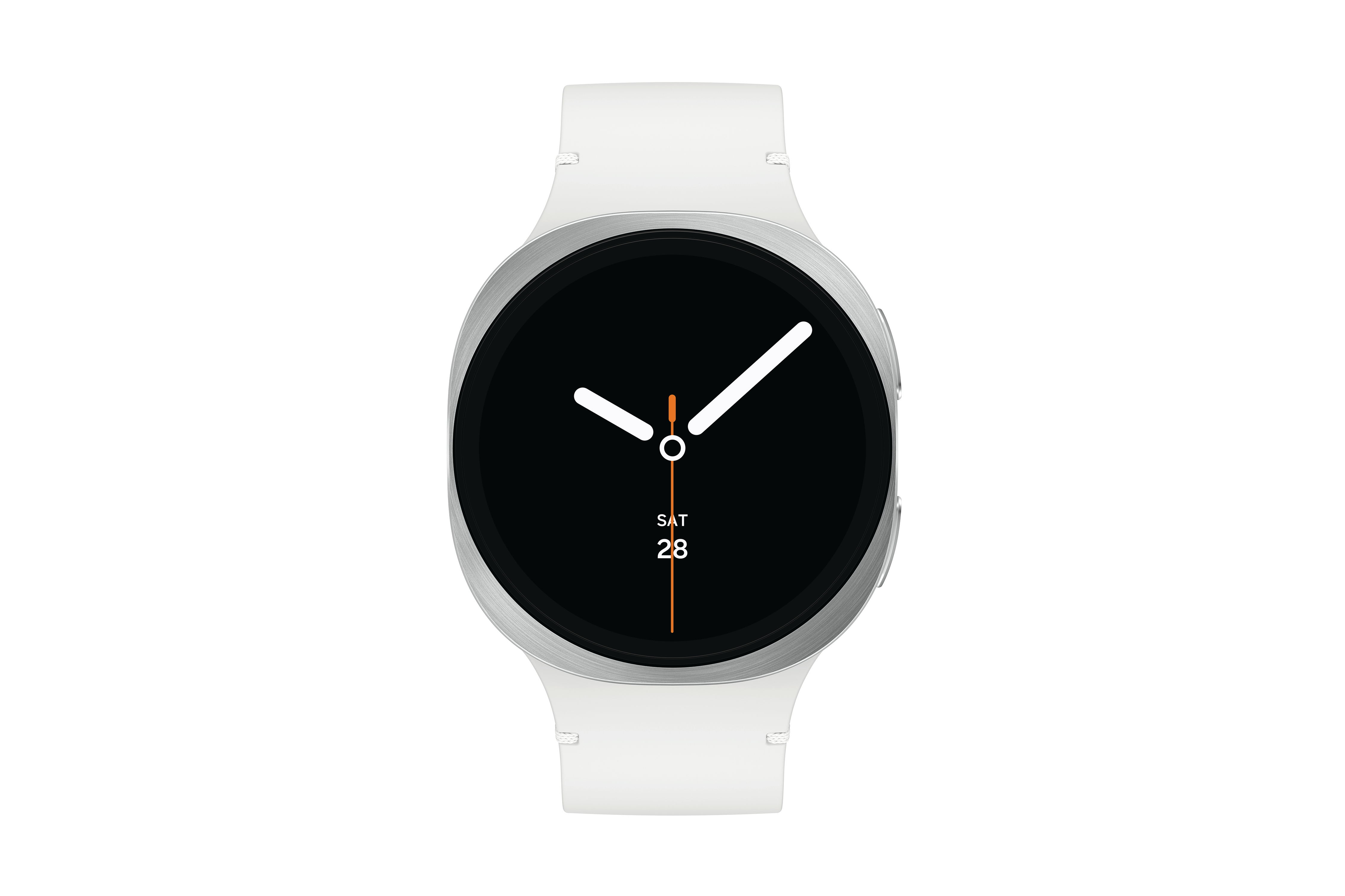 Eine weiße Smartwatch mit schwarzem Zifferblatt, die das Datum Samstag, den 28. anzeigt. Der Hintergrund ist weiß.