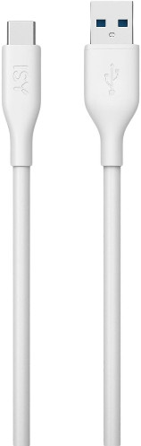 Biały kabel USB z wtyczką USB-C na jednym końcu i wtyczką USB-A na drugim. Kabel jest na białym tle.