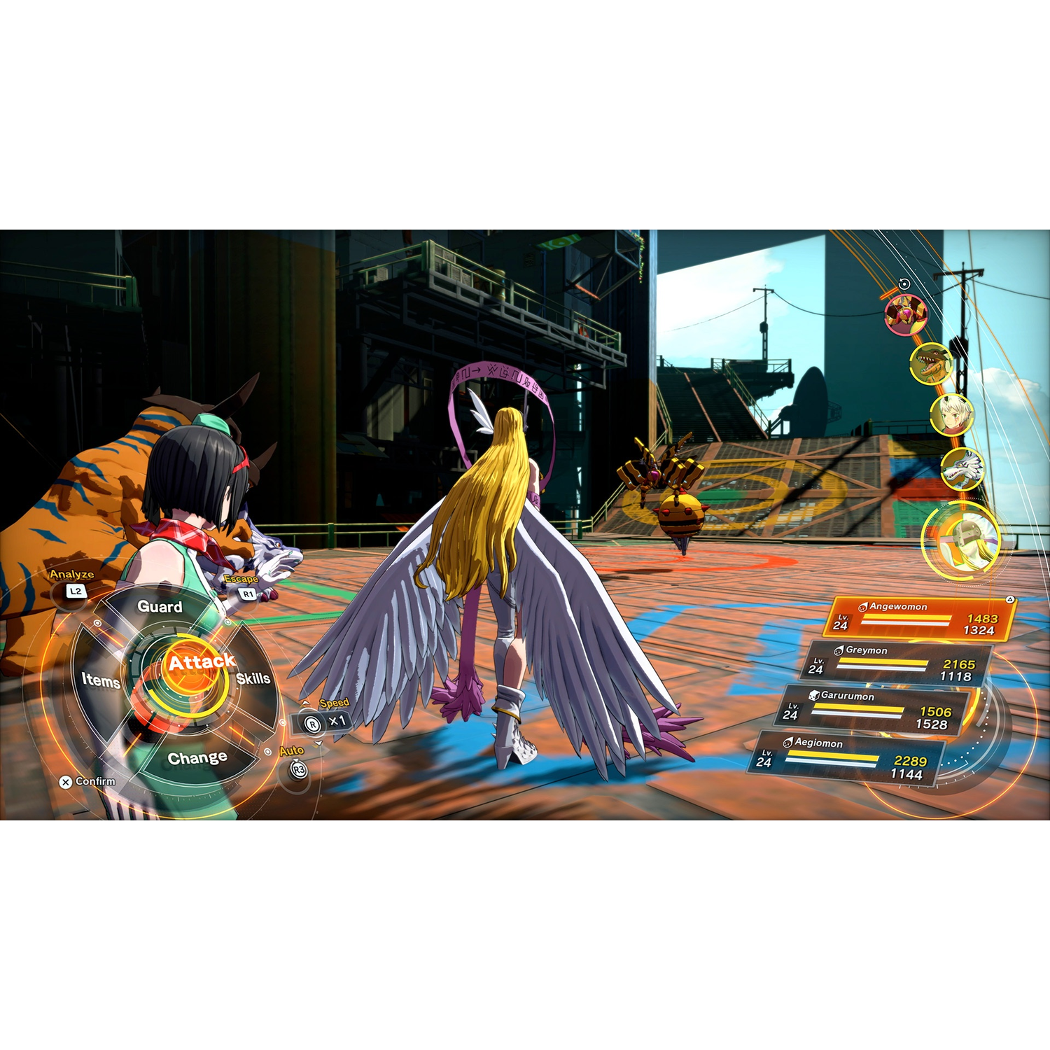 Een spelscène toont een personage met vleugels, tegenover een robot. Er staat een menu links. Andere personages zijn op de achtergrond.