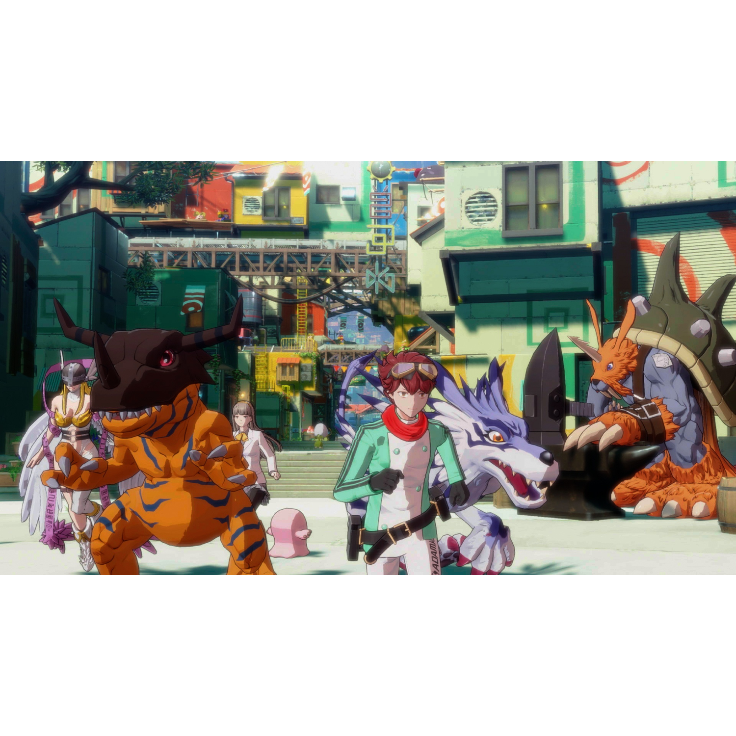 Een groep personages en digitale monsters staat in een kleurrijke stadsgezicht. De scène is levendig en geanimeerd.