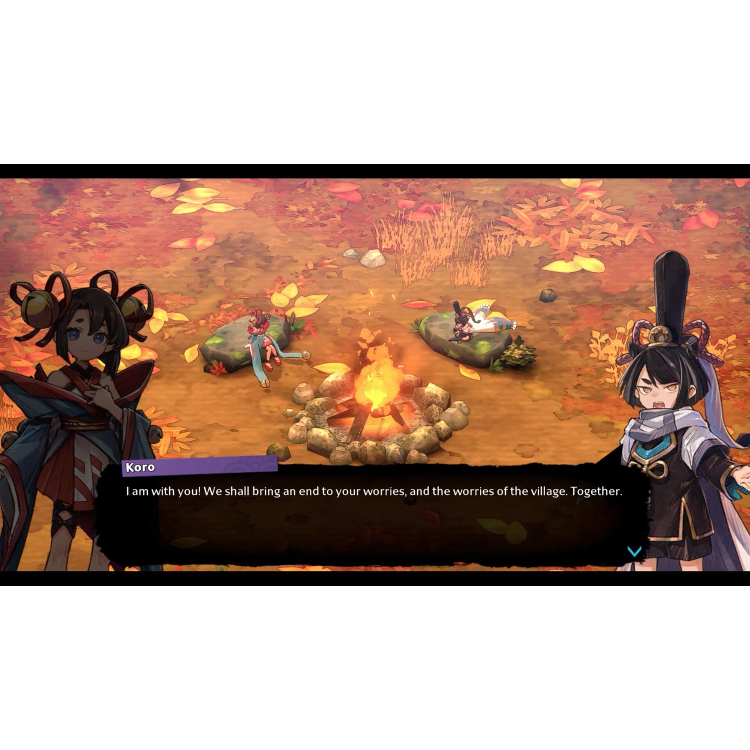 Twee anime-personages staan tegenover een vreugdevuur. Tekstballon zegt: "Ik ben bij je! We zullen een einde maken aan je zorgen en die van het dorp."