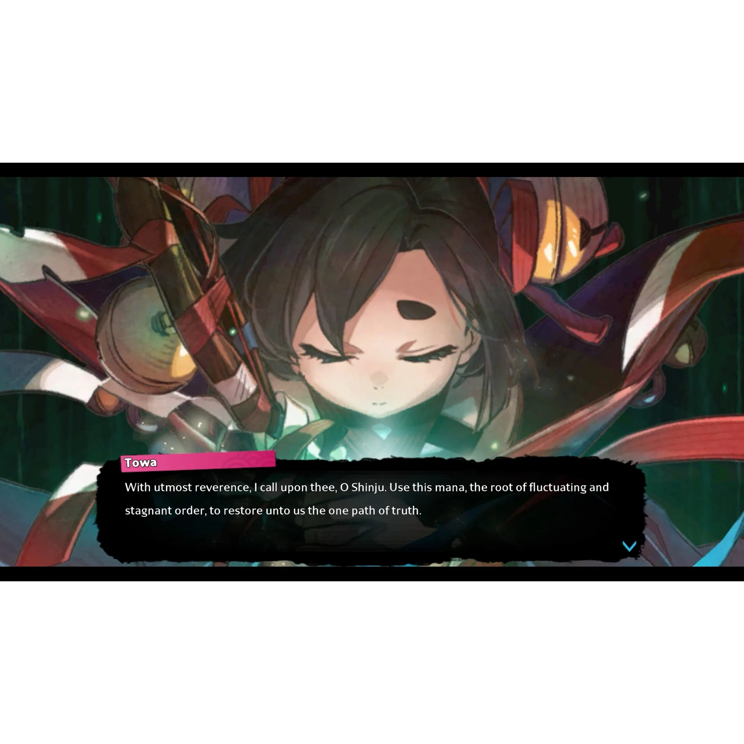 Anime-achtige afbeelding met een personage dat naar beneden kijkt. Tekstvak onderaan met tekst. De achtergrond is donker met groene tinten.