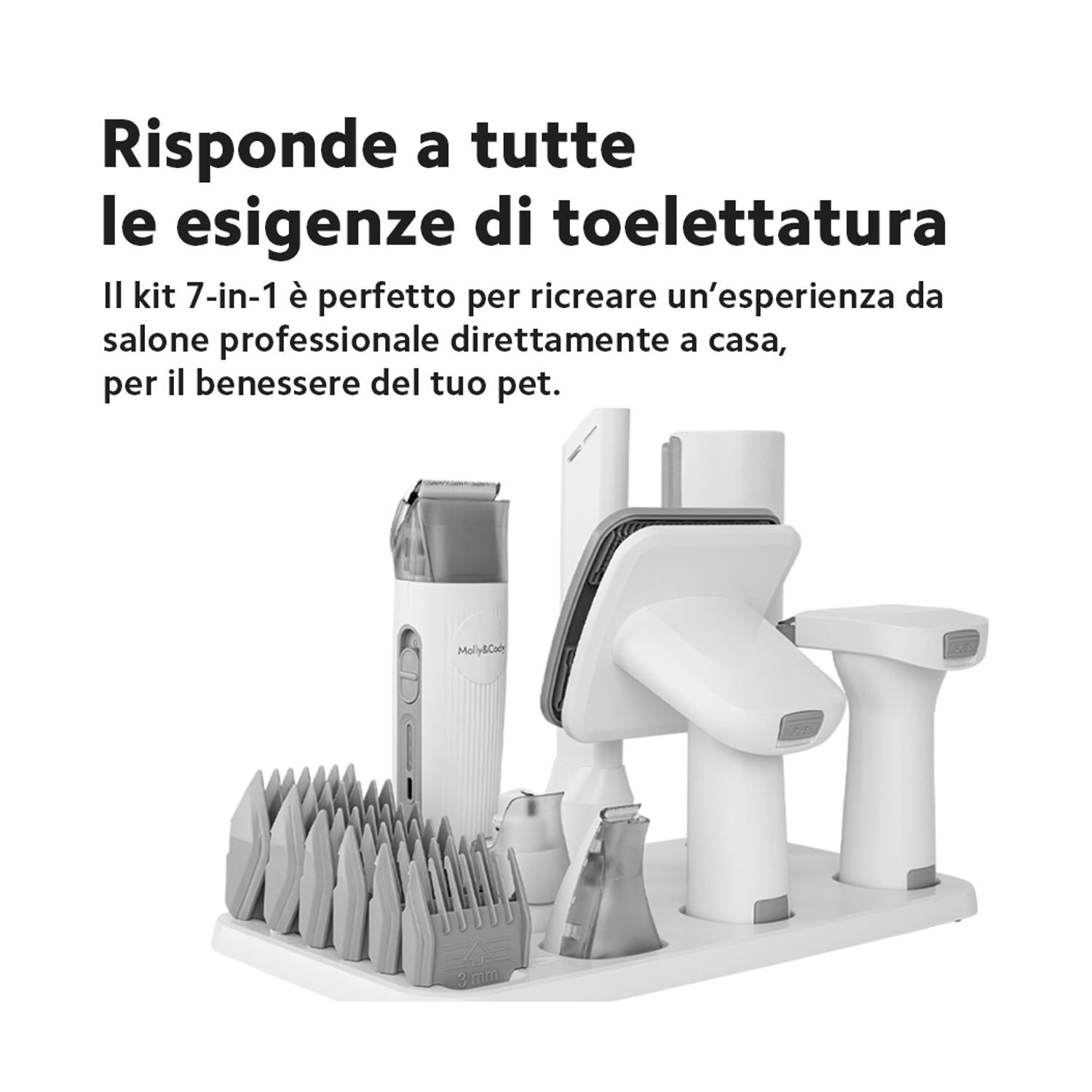 Un kit per la toelettatura con molteplici accessori, tosatrici e complementi. I colori bianco e grigio dominano il design del prodotto, su base bianca.