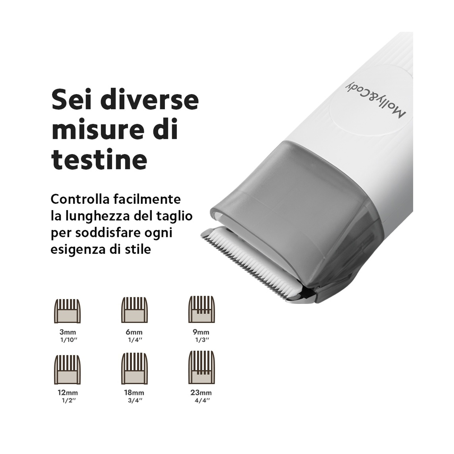 L'immagine mostra un tagliacapelli con testo in italiano su diverse lunghezze di taglio. Vengono visualizzate sei diverse dimensioni del trimmer.