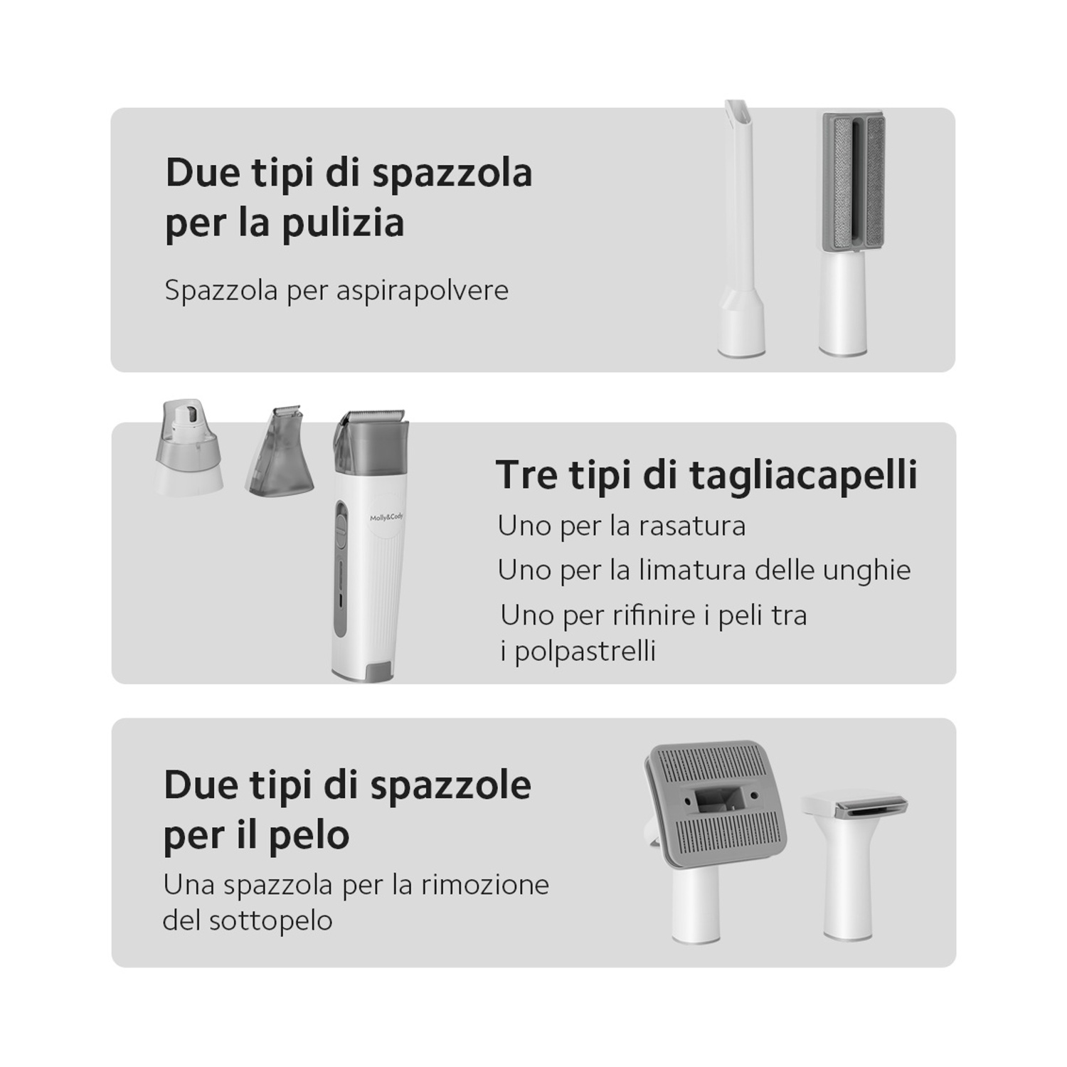 L'immagine mostra diversi strumenti per la toelettatura: spazzola per aspirapolvere, tagliacapelli e spazzole per animali domestici, ciascuno con descrizioni in italiano.