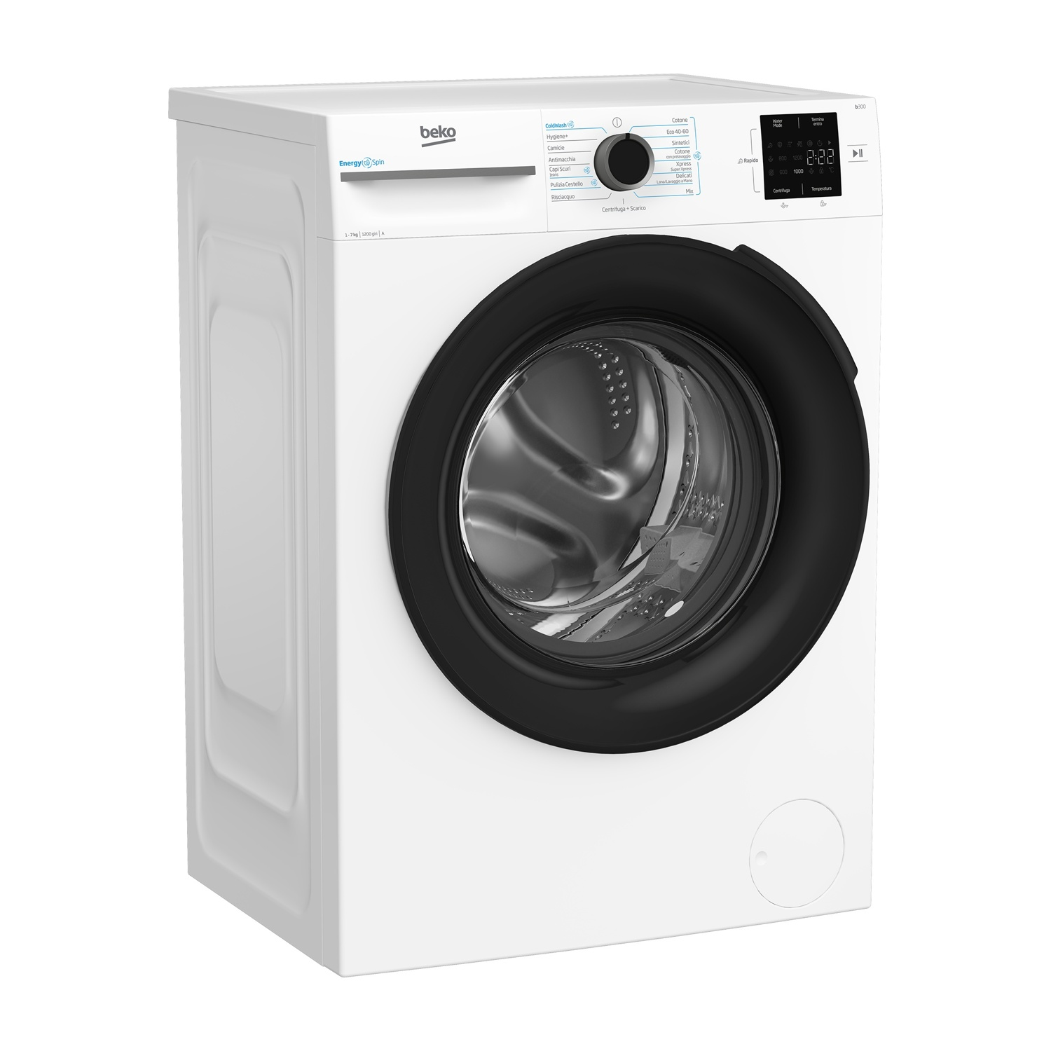 Una lavatrice Beko bianca. Ha una porta nera e un pannello di controllo con display digitale 2:22.