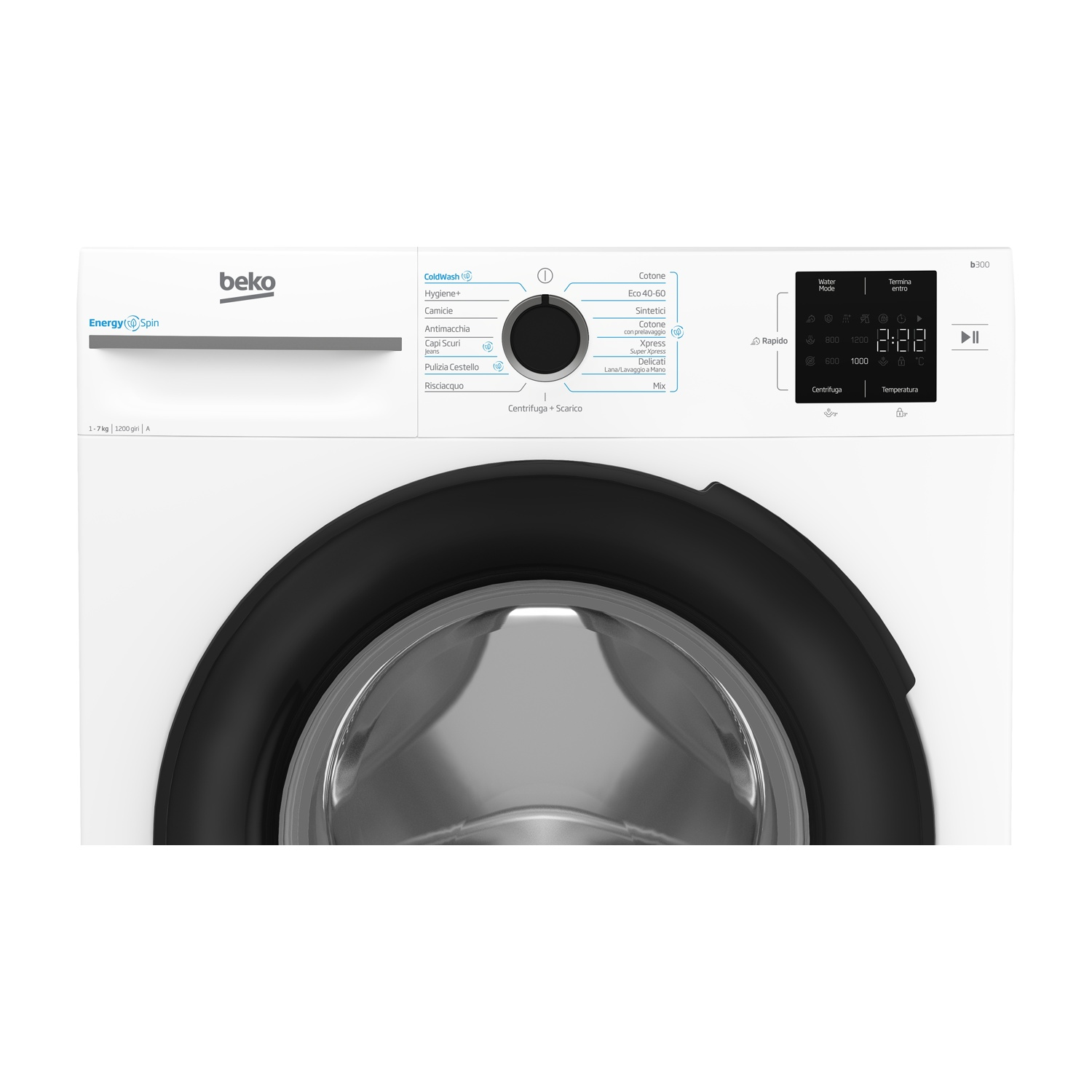 Una lavatrice Beko bianca. Ha una porta nera e un pannello di controllo con pulsanti e display.