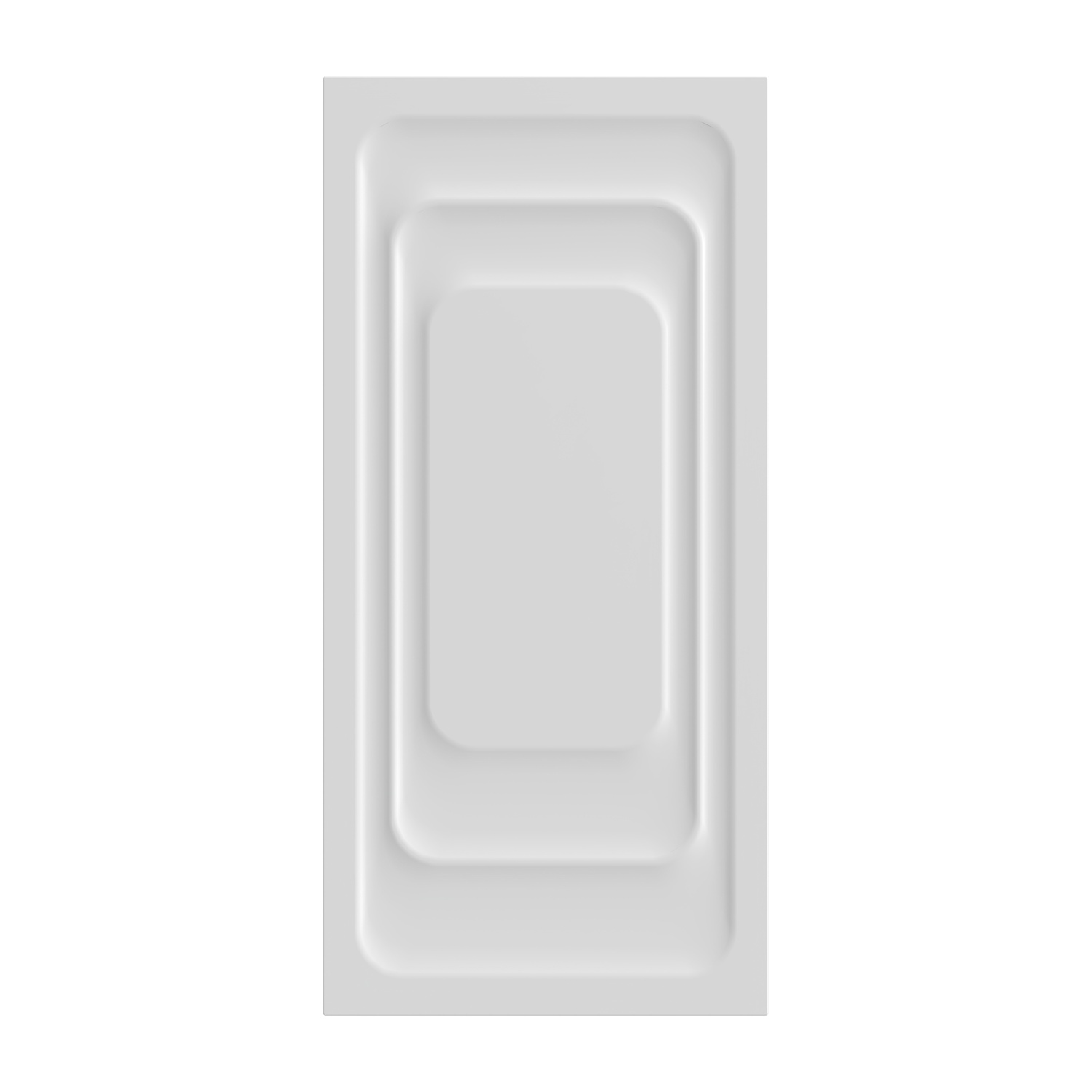 Un oggetto bianco rettangolare con angoli arrotondati. Ha un design nidificato con tre sezioni incassate. Lo sfondo è bianco.