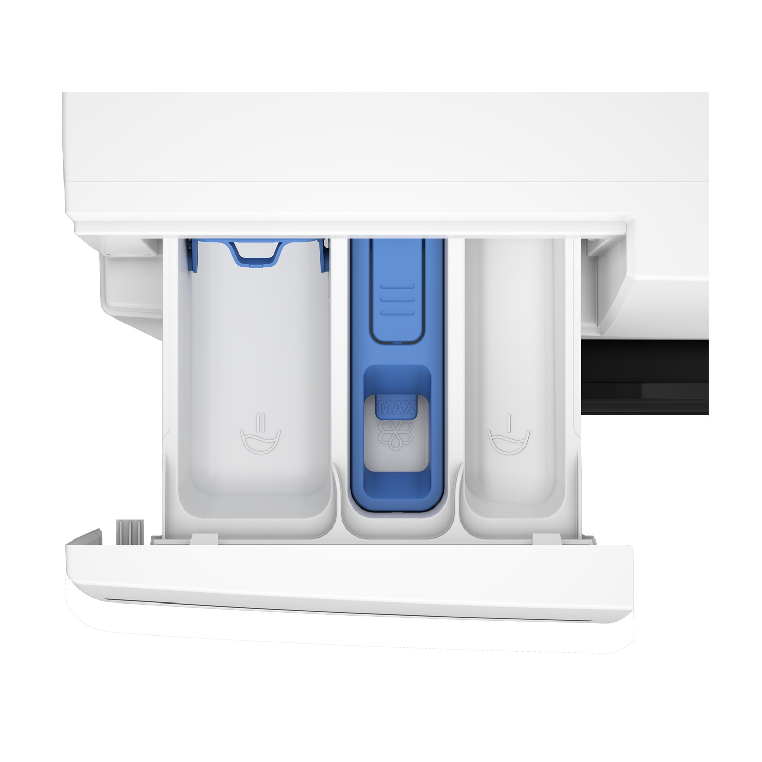Primo piano di un cassetto detersivo bianco e blu per lavatrice. Tre scomparti, uno blu e contrassegnato max.