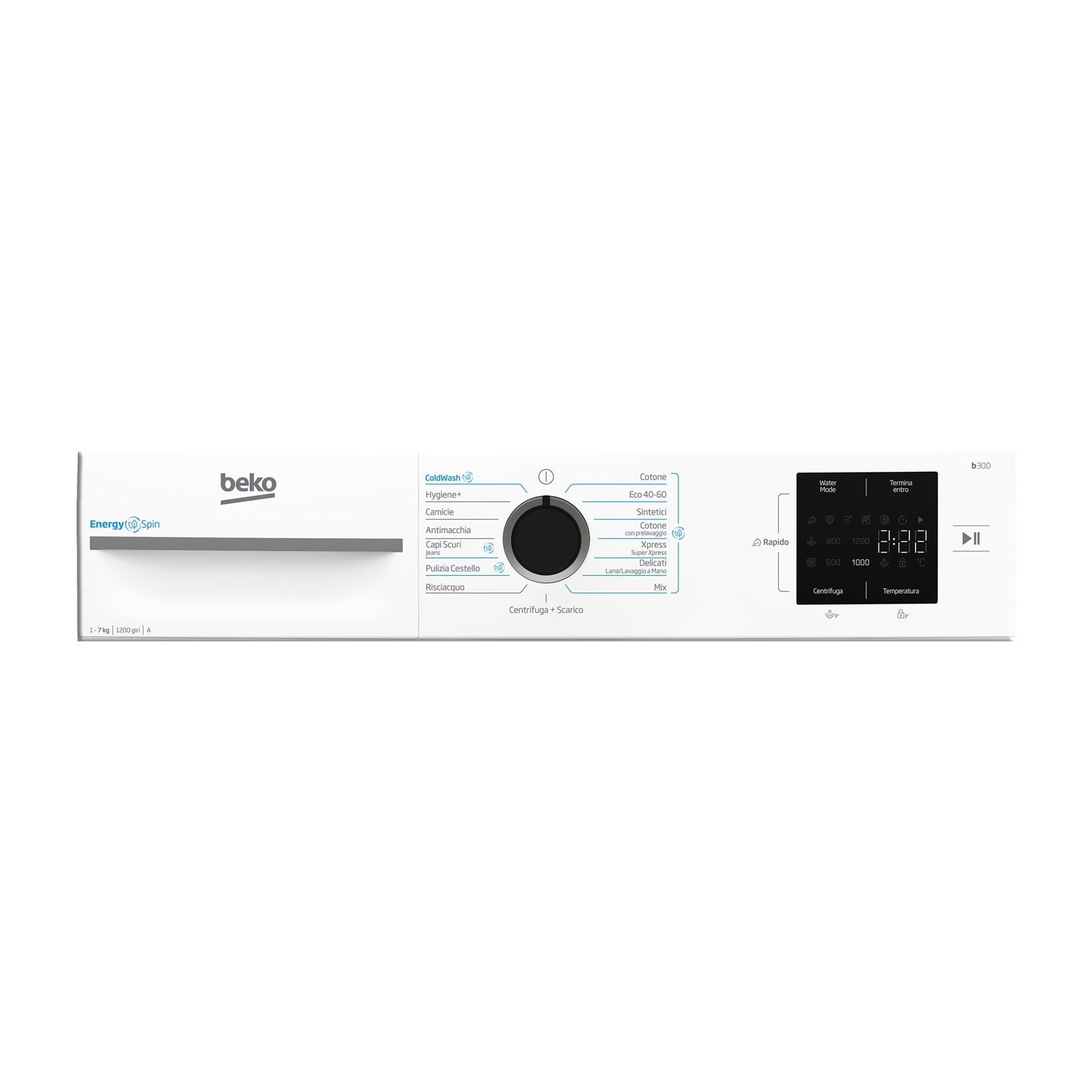 Una lavatrice Beko bianca. Ha un pannello di controllo con vari programmi, una manopola e un display digitale.