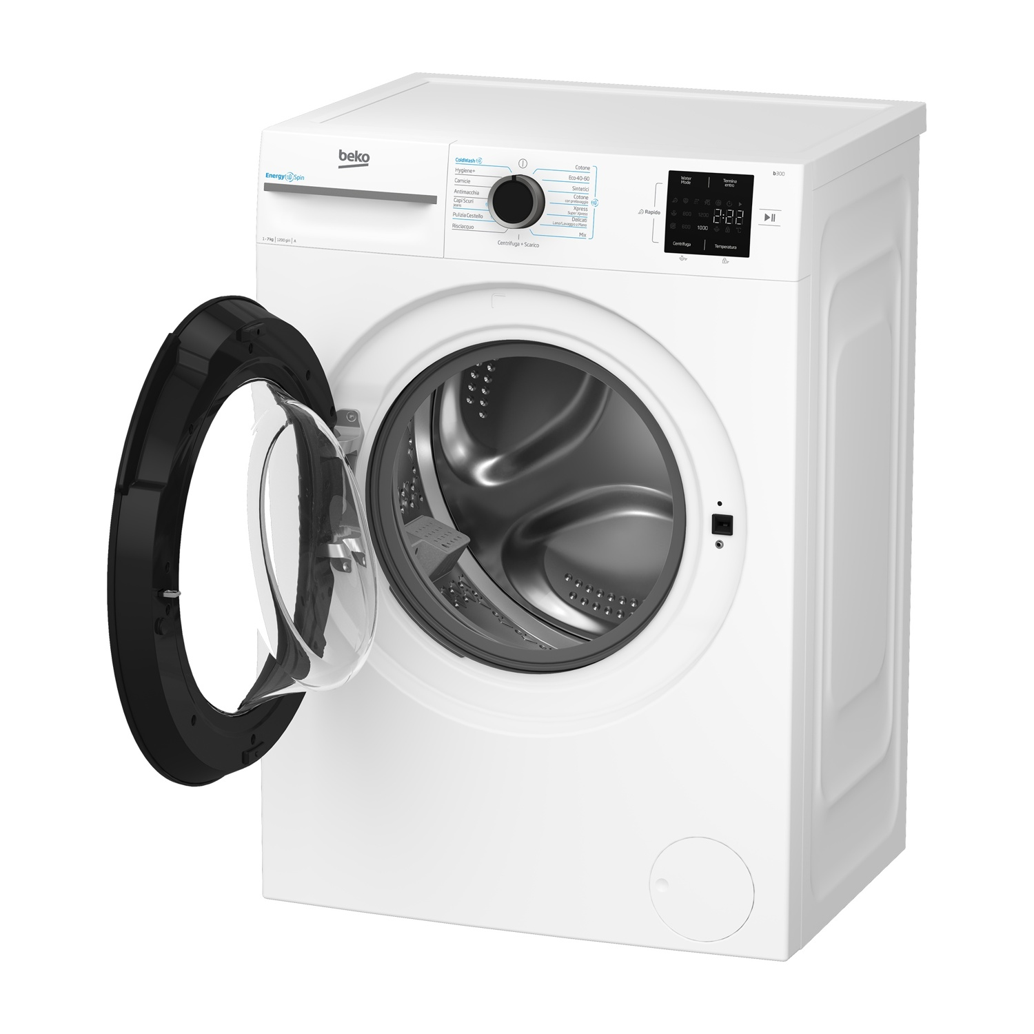 Una lavatrice Beko bianca con la porta aperta. La porta ha un telaio nero e vetro trasparente. Il pannello di controllo è visibile.
