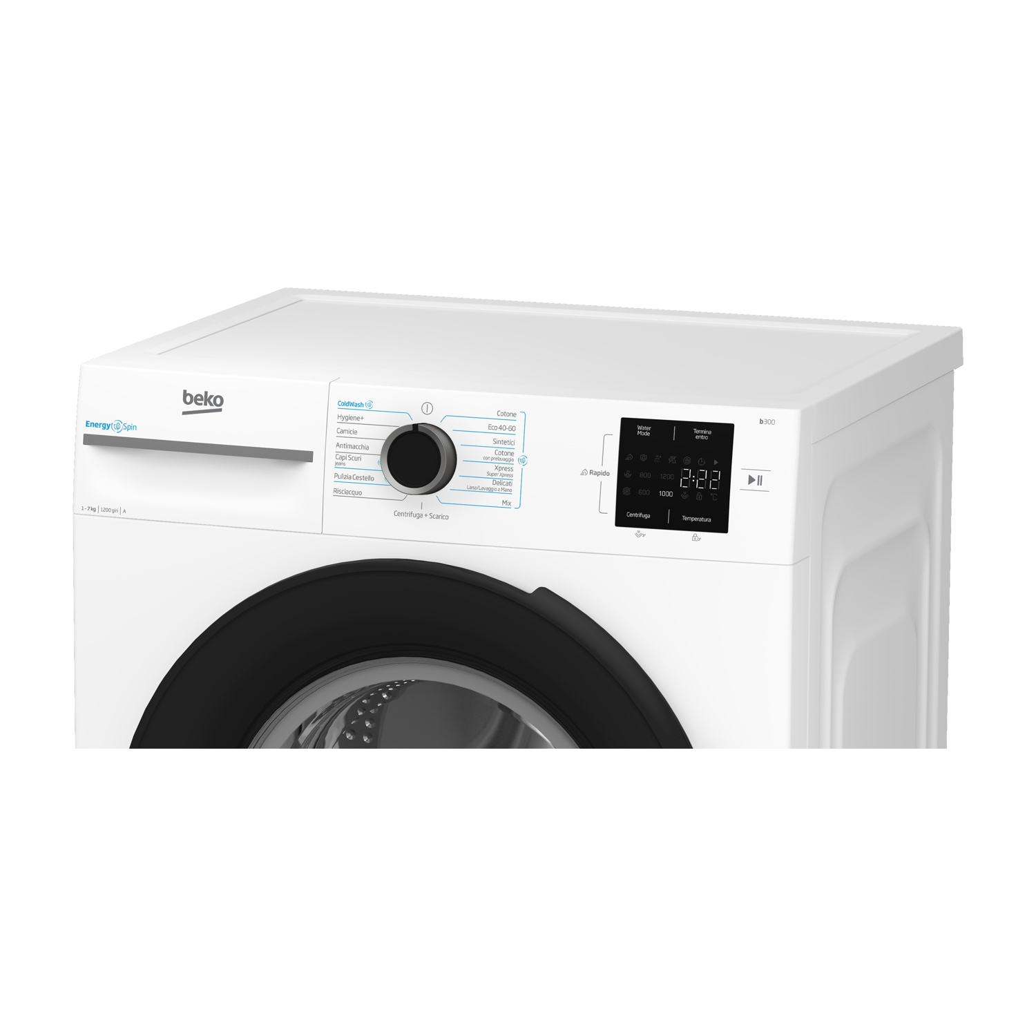Una lavatrice Beko bianca. Ha una porta nera, un pannello di controllo con pulsanti e un display digitale che mostra l'ora.