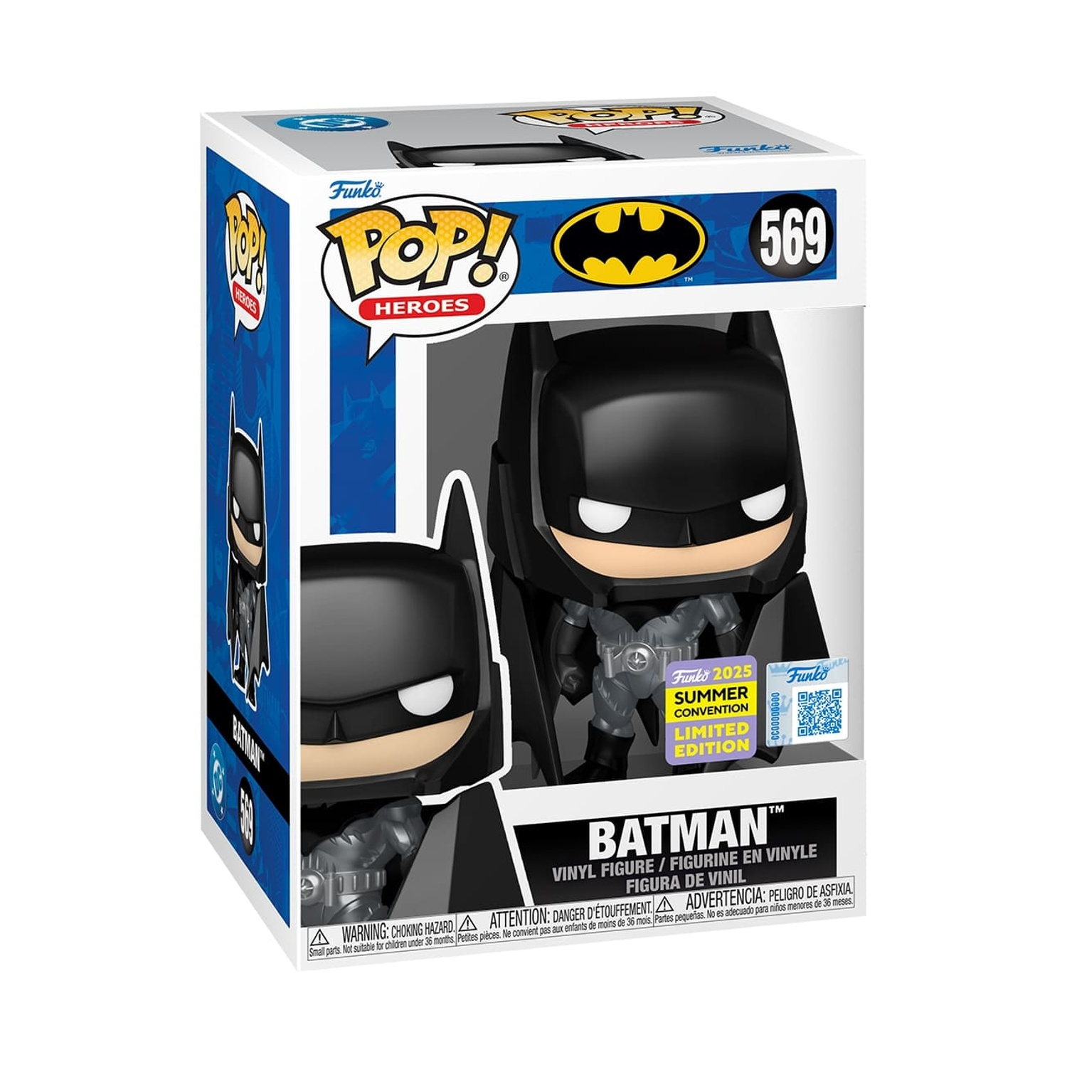 Una scatola Funko Pop mostra una figura di Batman. È un'edizione limitata della Summer Convention 2025. La scatola è bianca e blu.