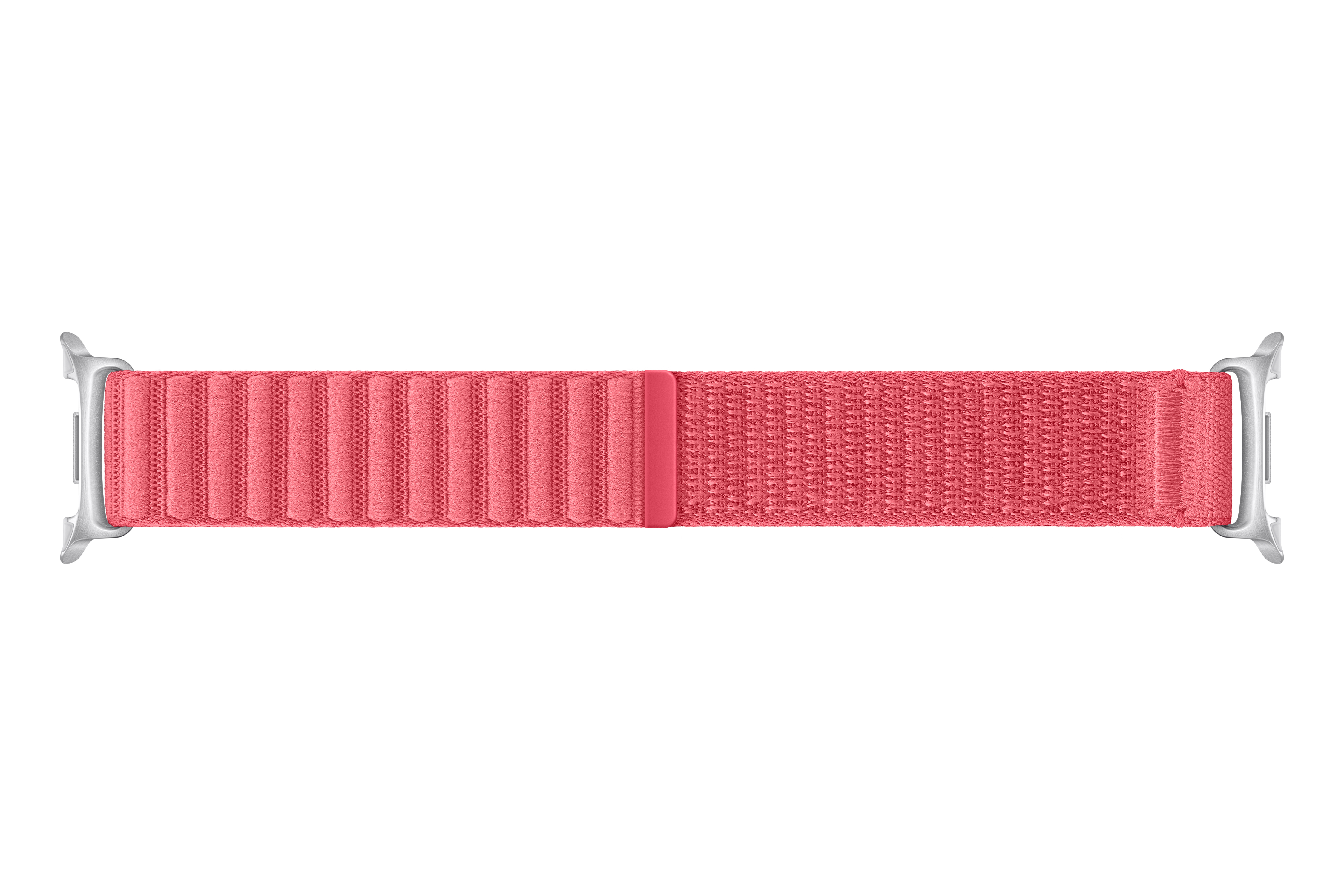 Ein korallenfarbenes Apple Watch-Armband liegt horizontal vor weißem Hintergrund. Es hat silberne Anschlüsse.