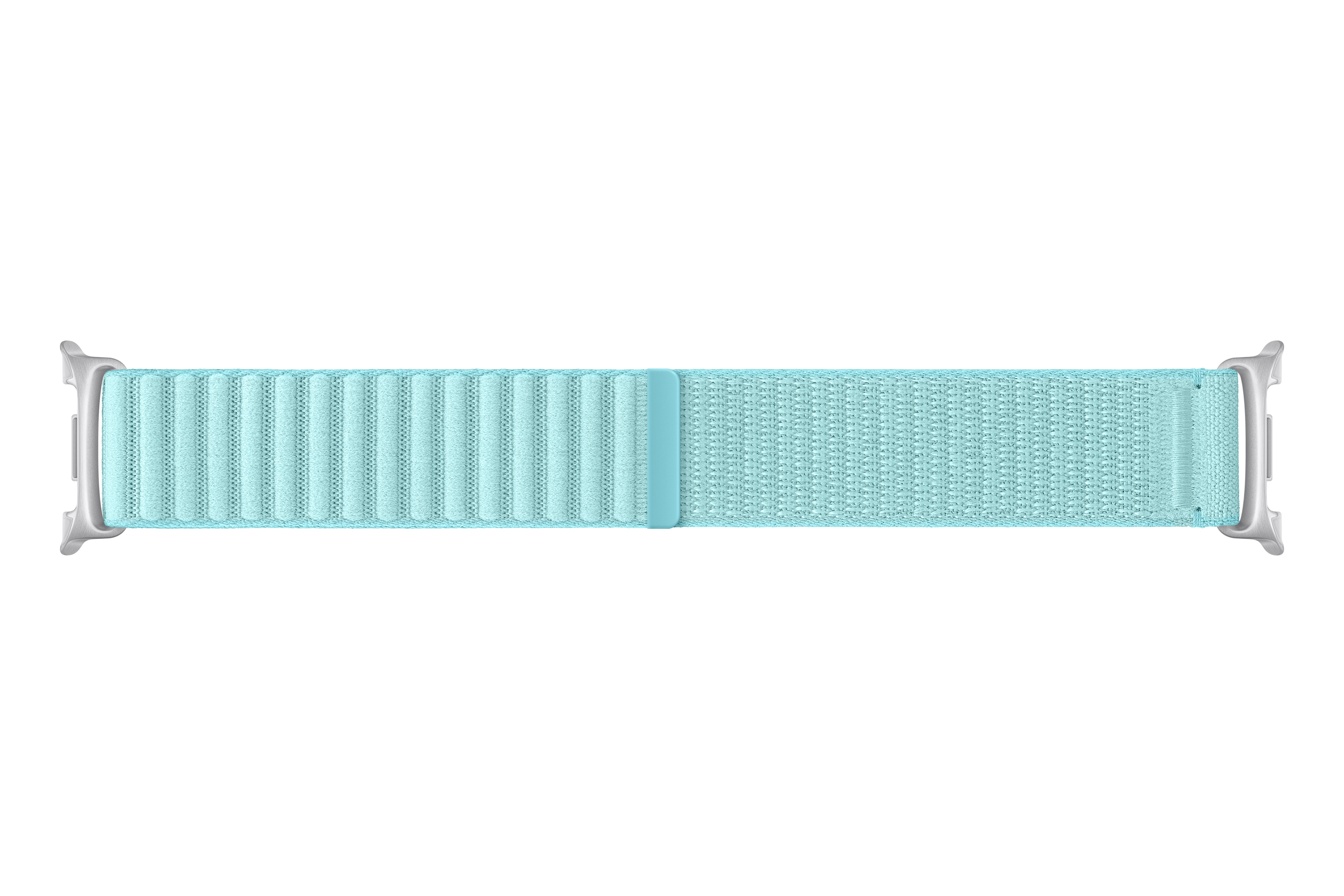 Ein hellblaues Apple Watch-Armband. Es hat silberne Anschlüsse und ein strukturiertes Band mit vertikalen Linien.