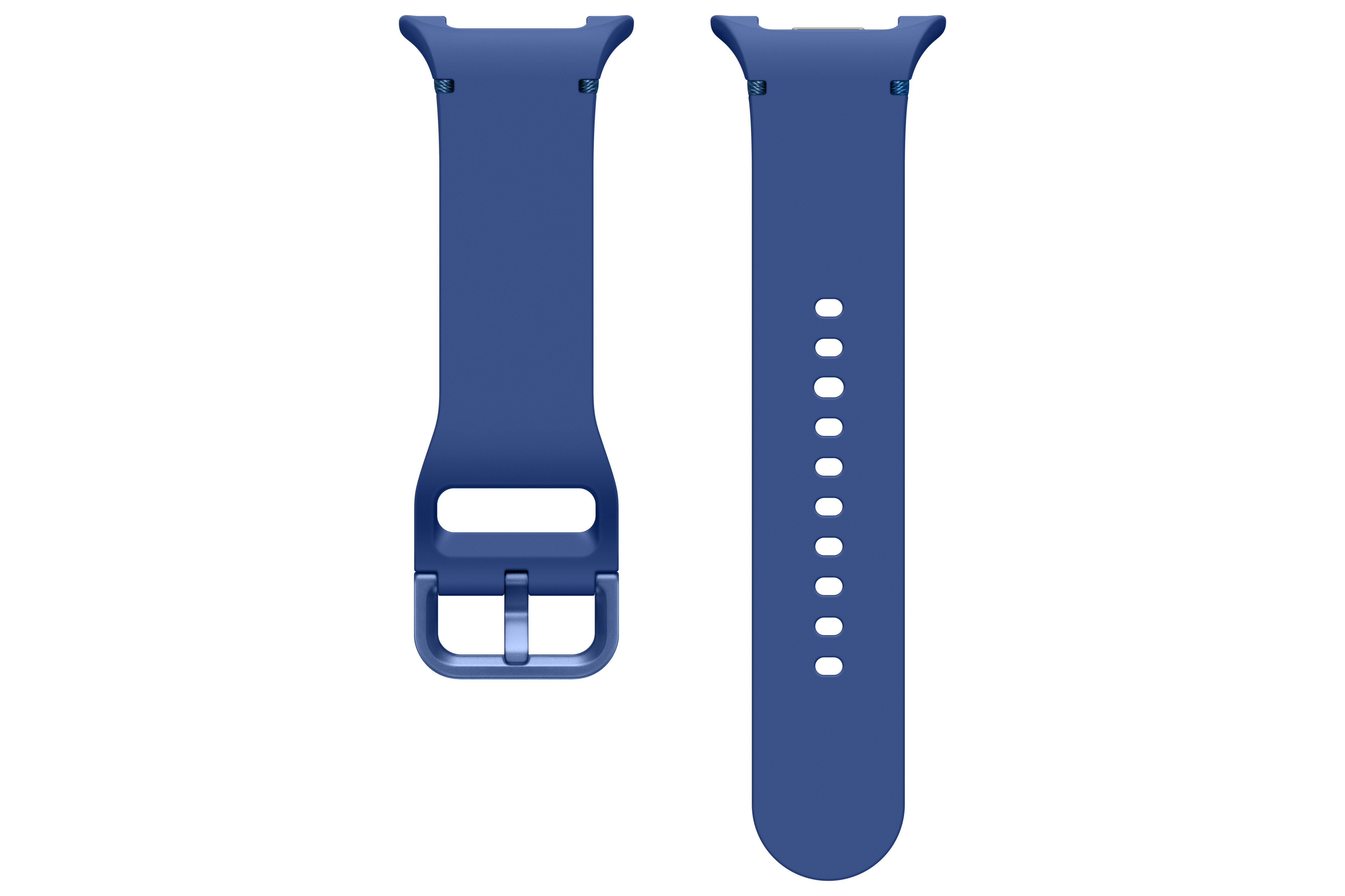 Zwei blaue Uhrenarmbänder vor weißem Hintergrund. Eines hat eine Schnalle, das andere Löcher.