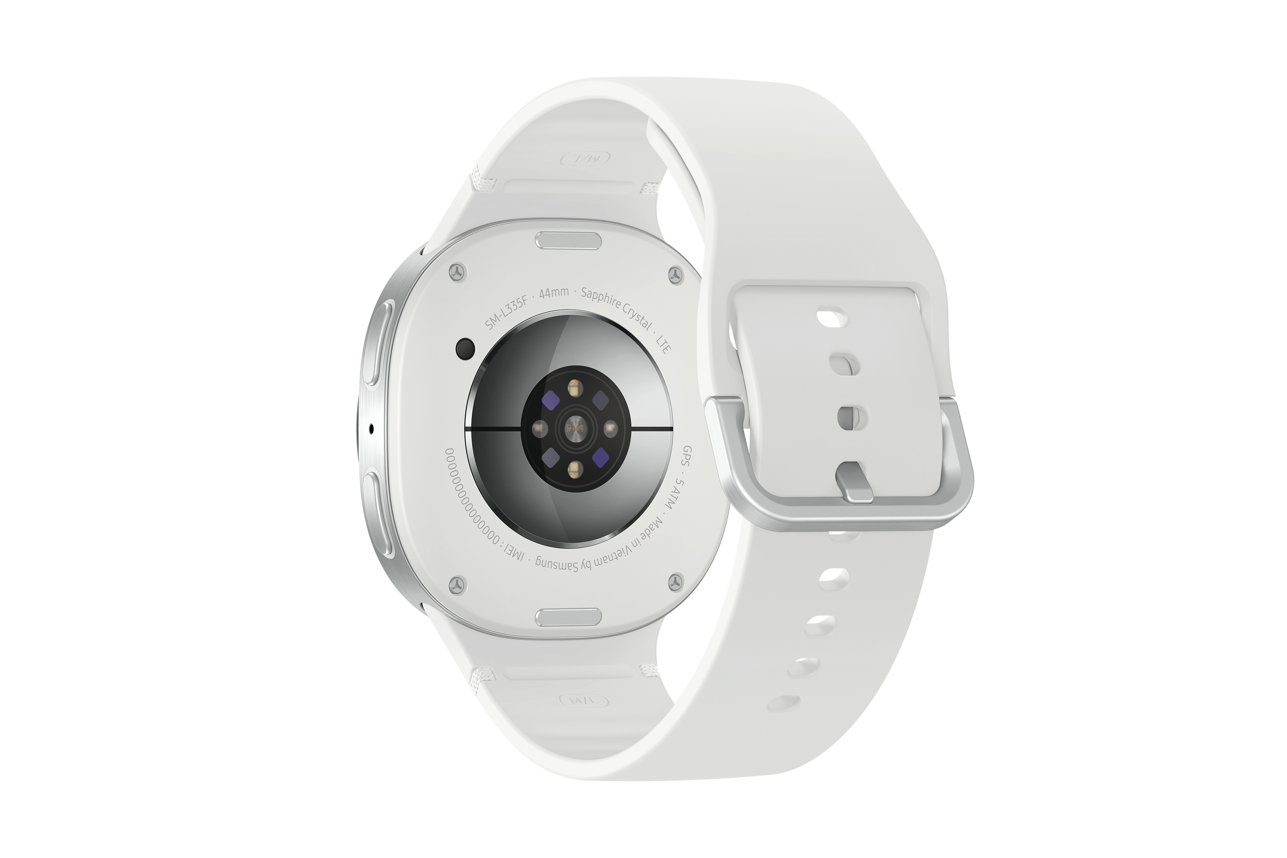 Eine weiße Smartwatch mit weißem Armband. Die Rückseite der Uhr ist sichtbar, mit Sensoren und Details.