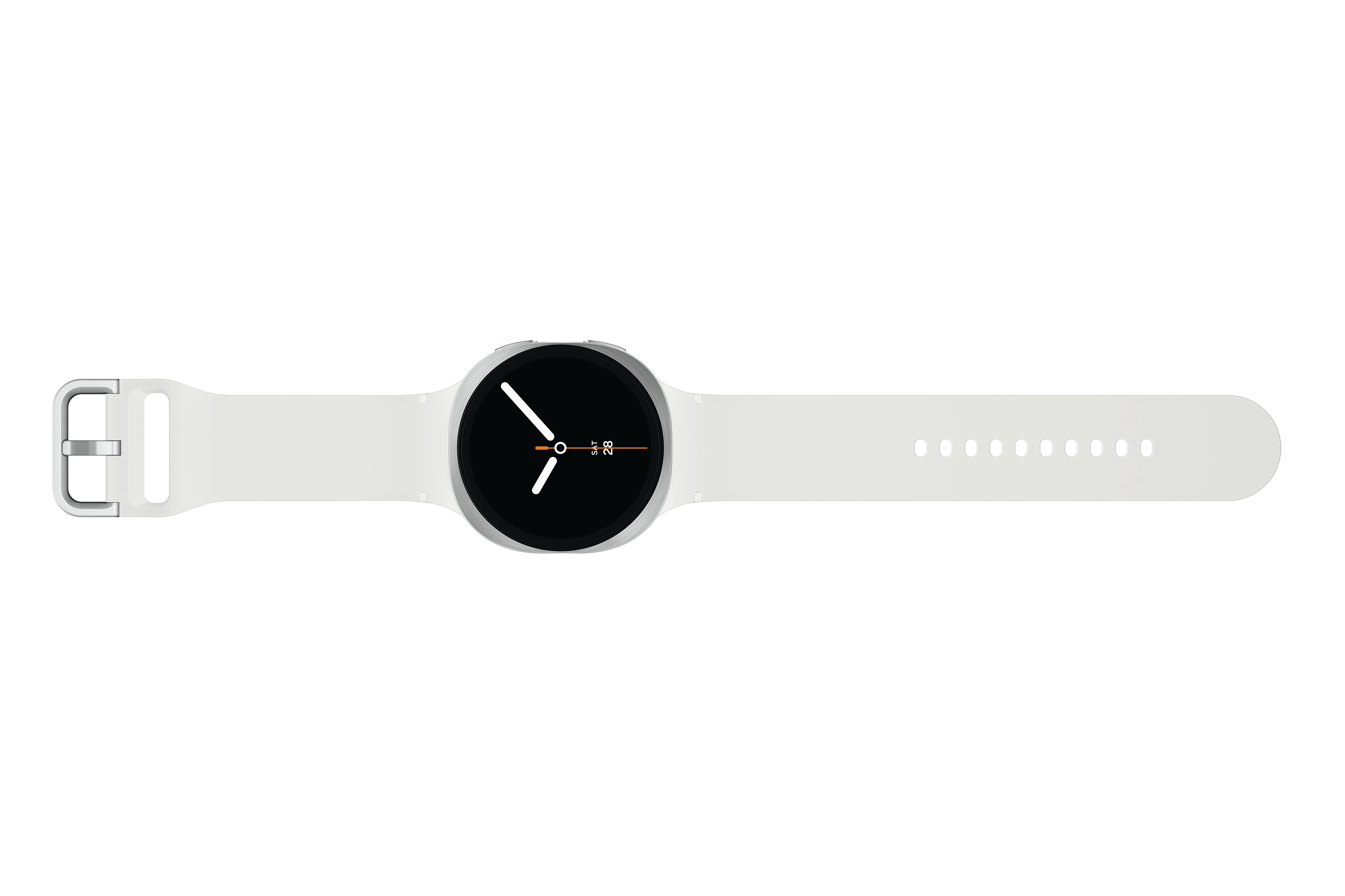 Eine weiße Smartwatch mit schwarzem Zifferblatt, weißem Armband und silberner Schnalle. Die Uhr zeigt die Uhrzeit an.