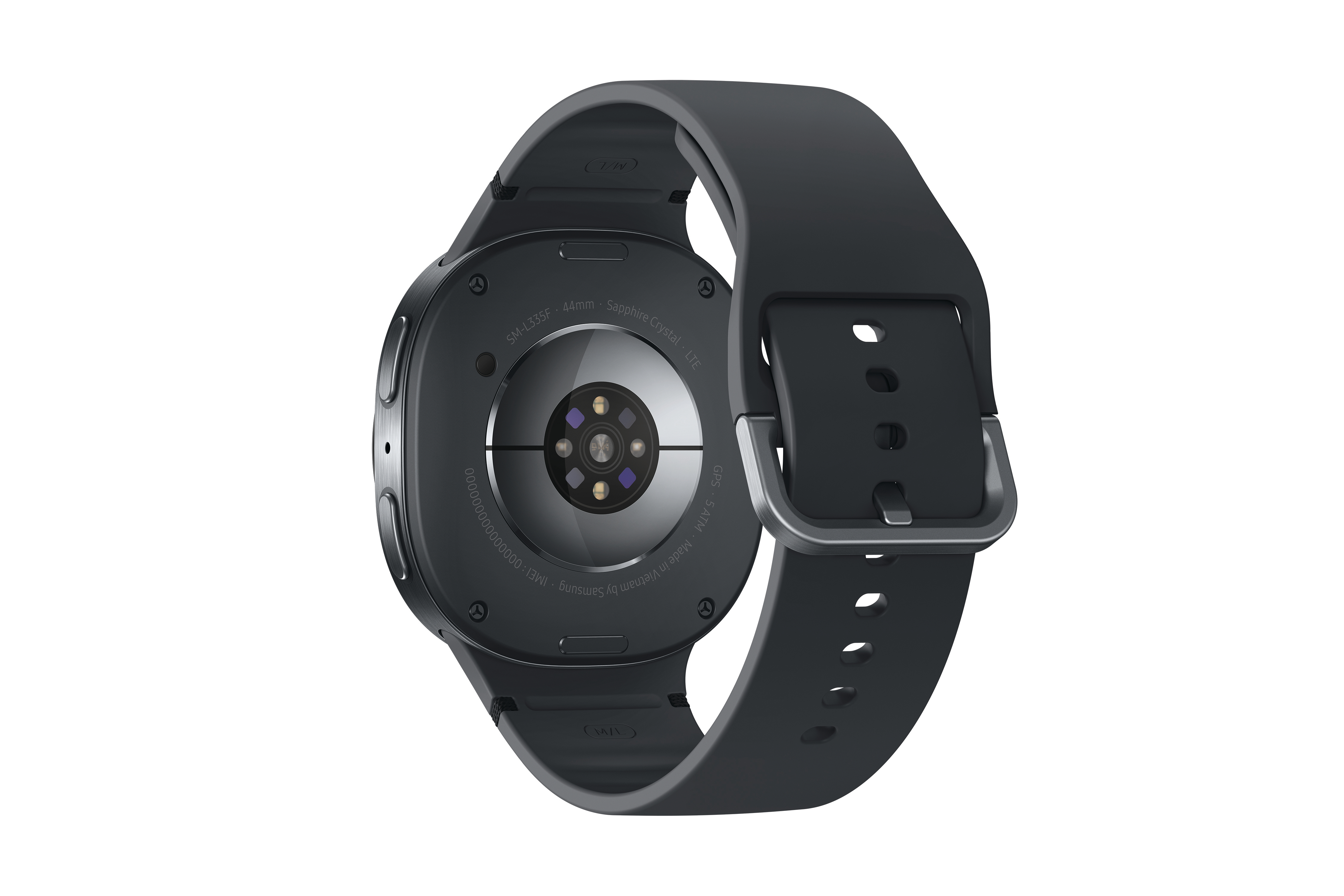 Schwarze Smartwatch-Rückseite. Zeigt Armband, Zifferblatt mit Sensoren und Modellinformationen. Isoliert auf Weiß.