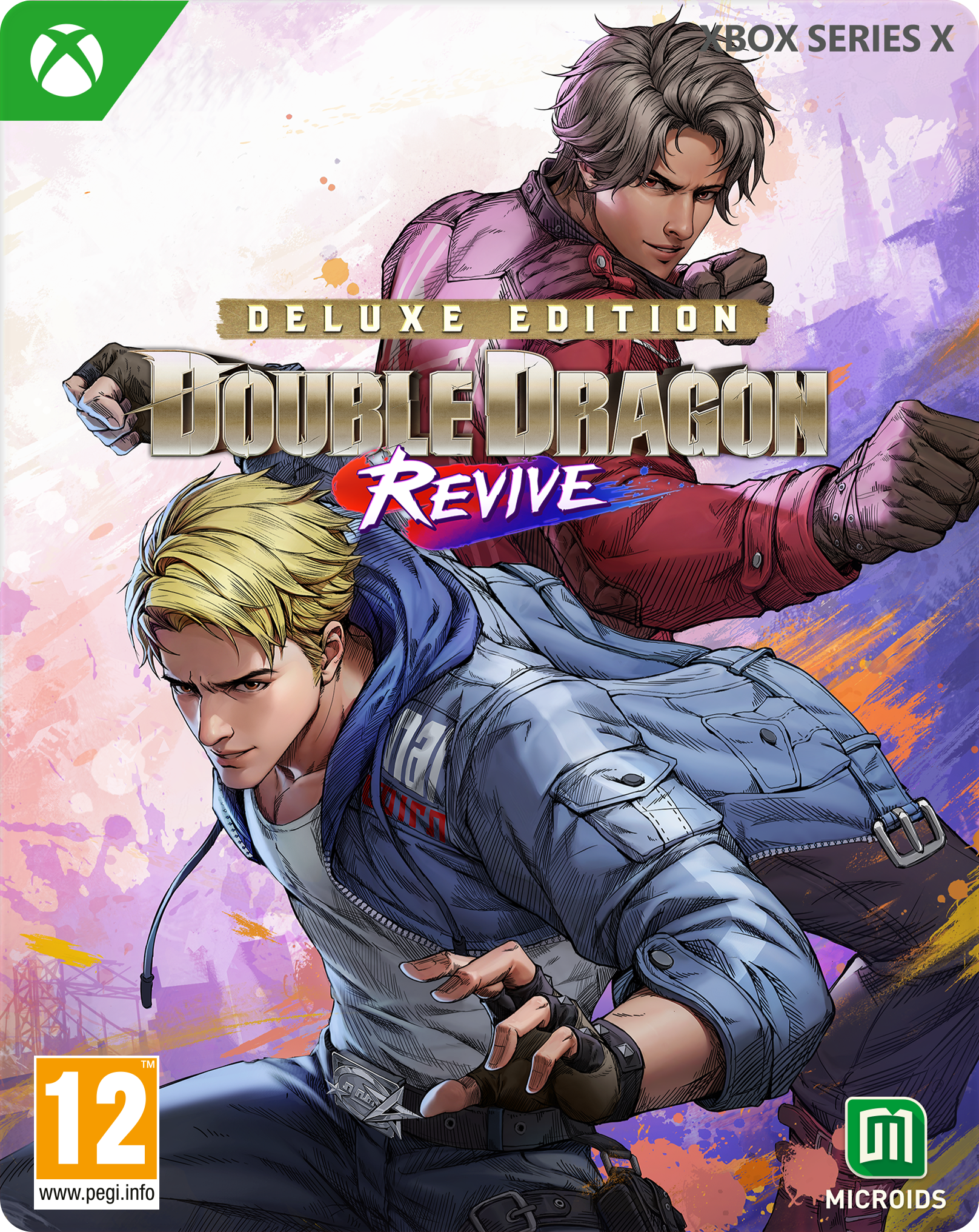 Okładka Double Dragon Revive Deluxe Edition. Dwóch mężczyzn w pozach walki. Logo Xbox Series X.