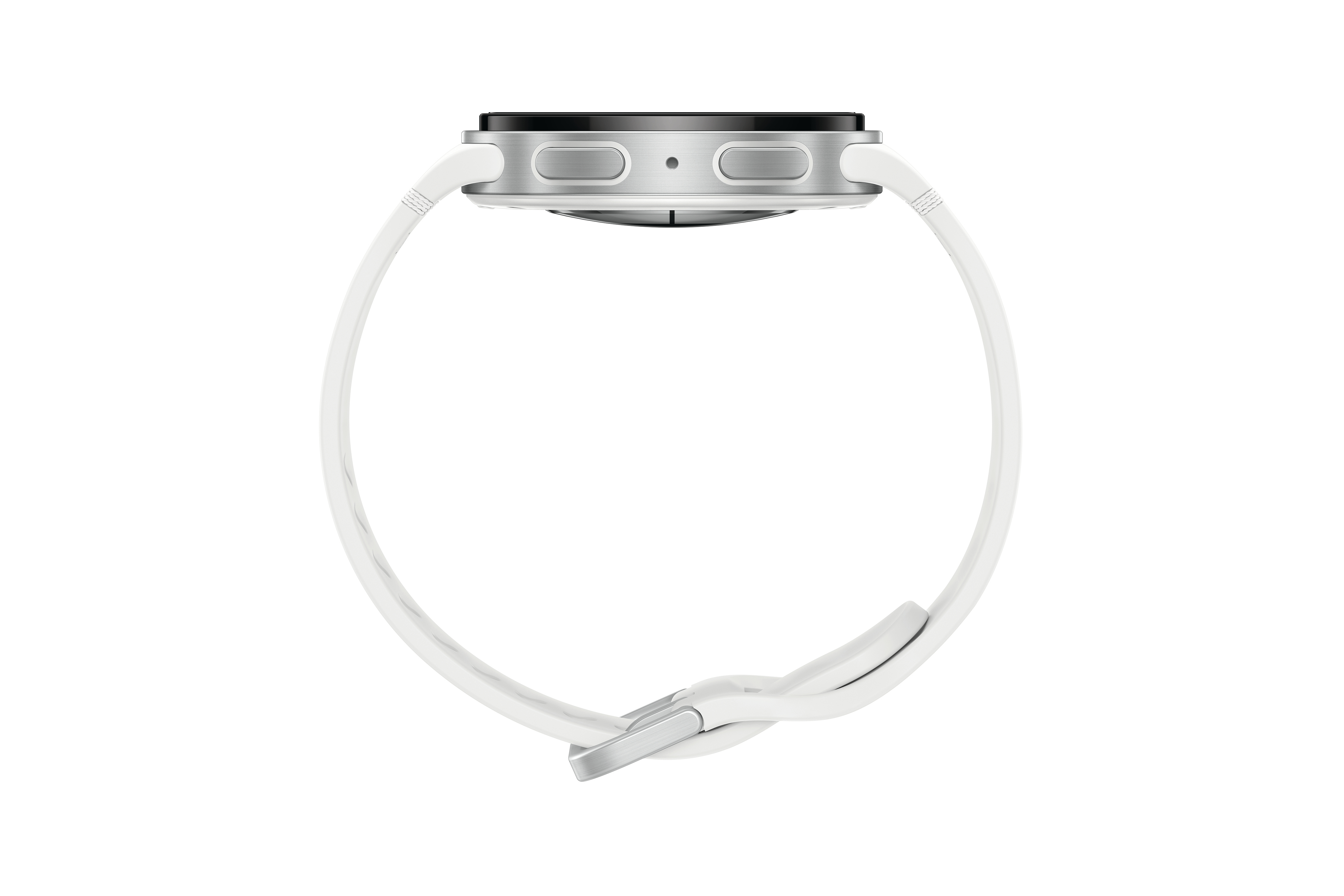 Eine silberne Smartwatch mit weißem Armband vor weißem Hintergrund. Das Armband ist geschnallt.