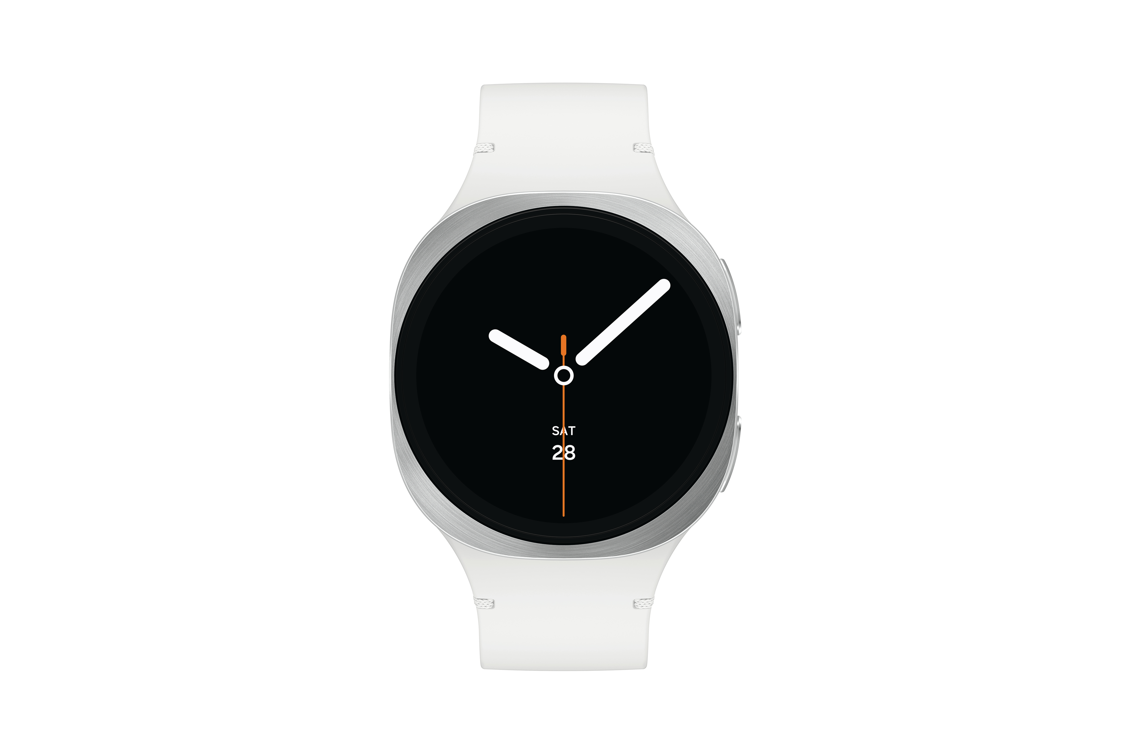 Eine weiße Smartwatch mit schwarzem Zifferblatt. Das Datum ist Samstag, der 28. Die Zeiger sind weiß.