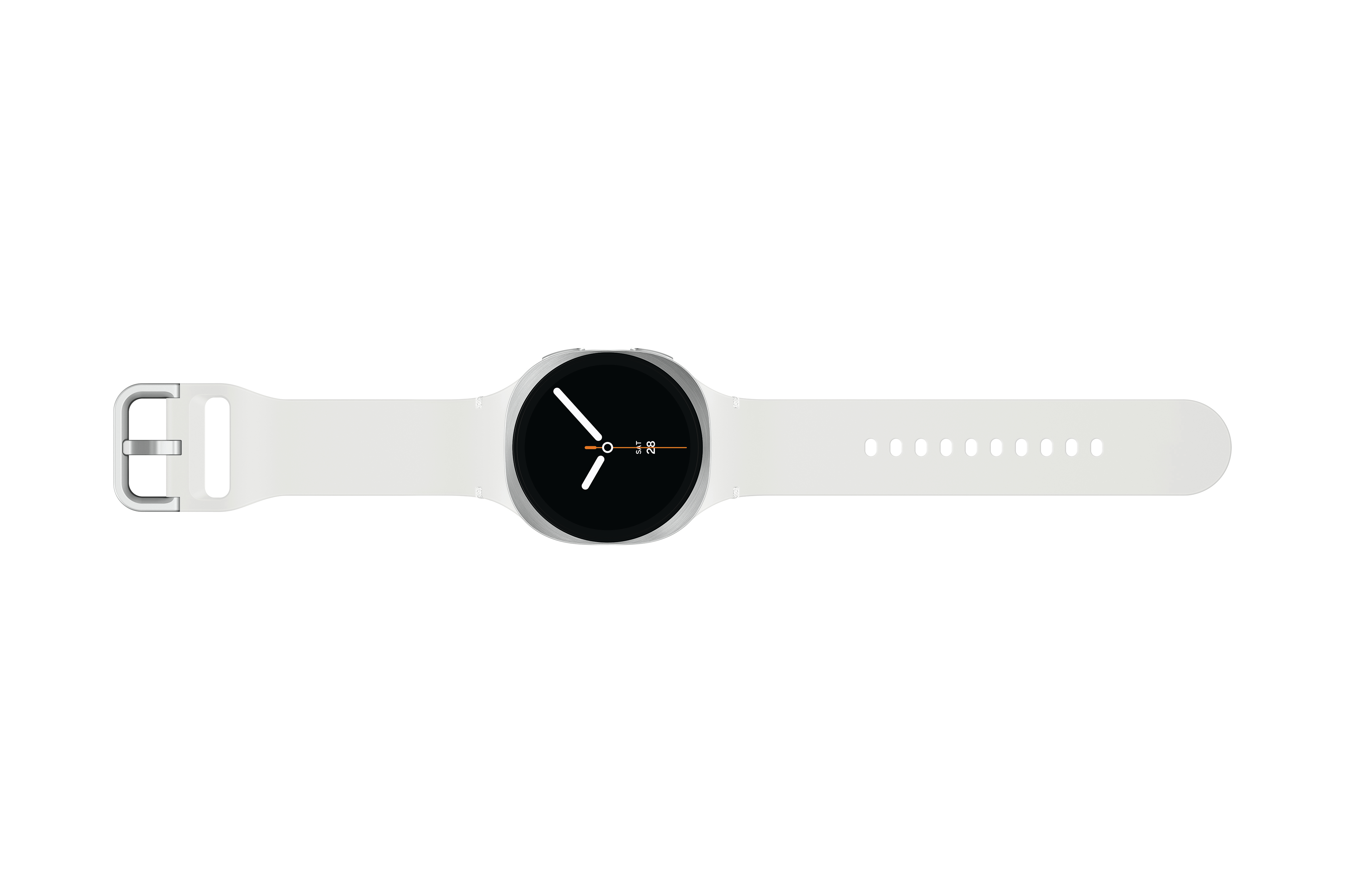 Eine weiße Smartwatch mit schwarzem Zifferblatt und weißem Armband. Die Uhr zeigt die Zeit an.