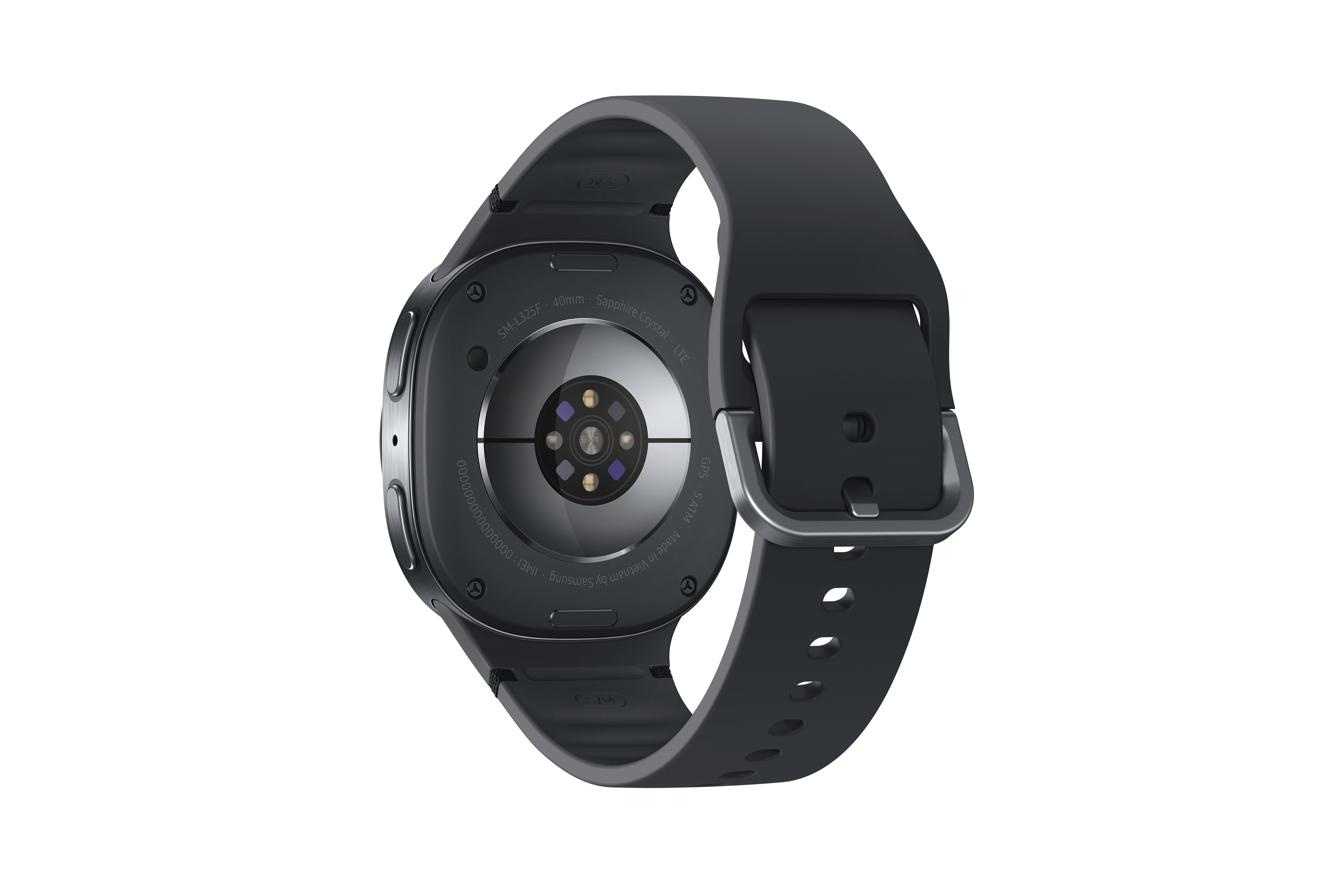 Schwarze Smartwatch, Rückansicht. Die Uhr hat ein schwarzes Armband und eine silberne Schnalle. Das Zifferblatt hat Text.