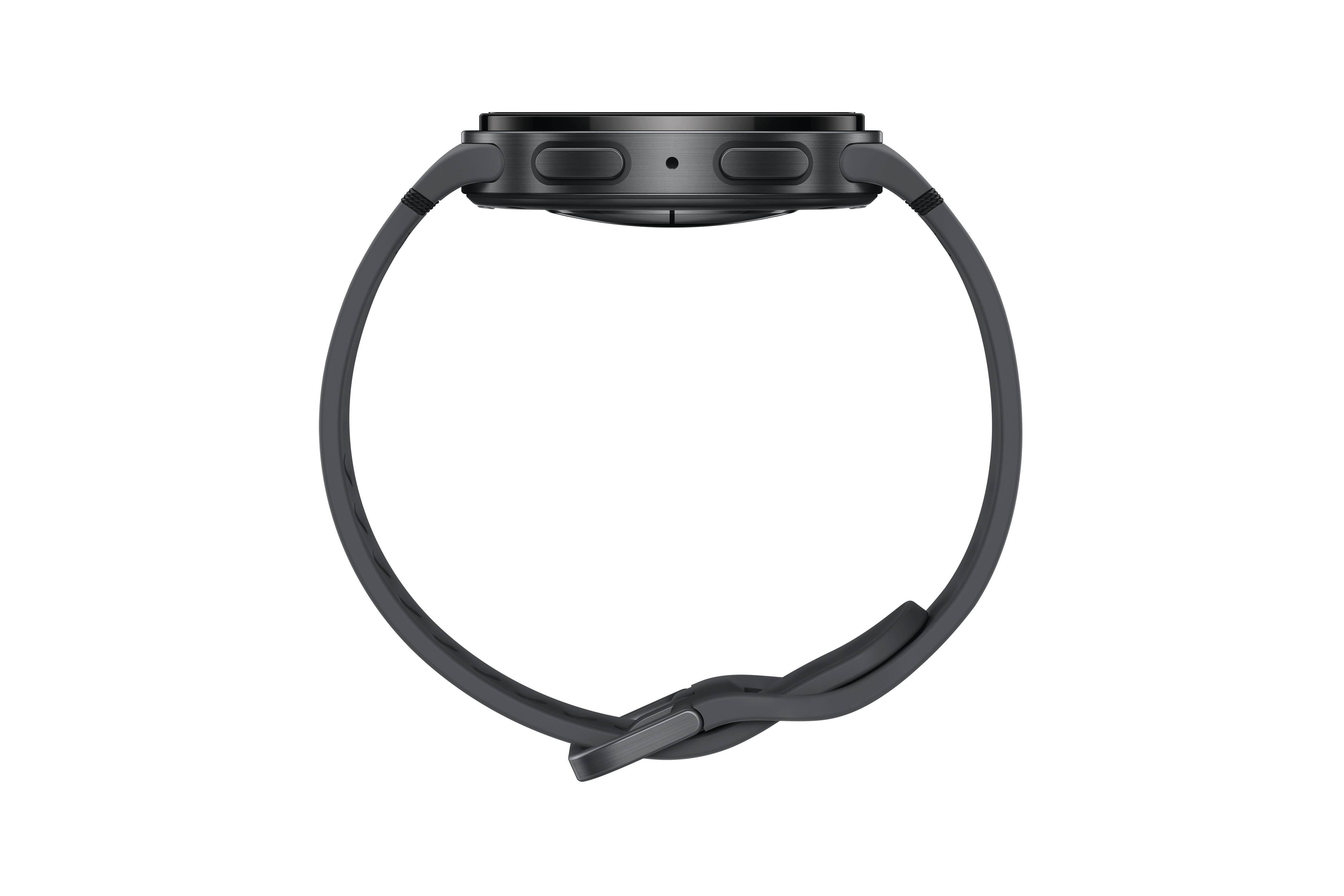 Dunkelgraue Smartwatch mit passendem Armband, im Profil vor weißem Hintergrund.