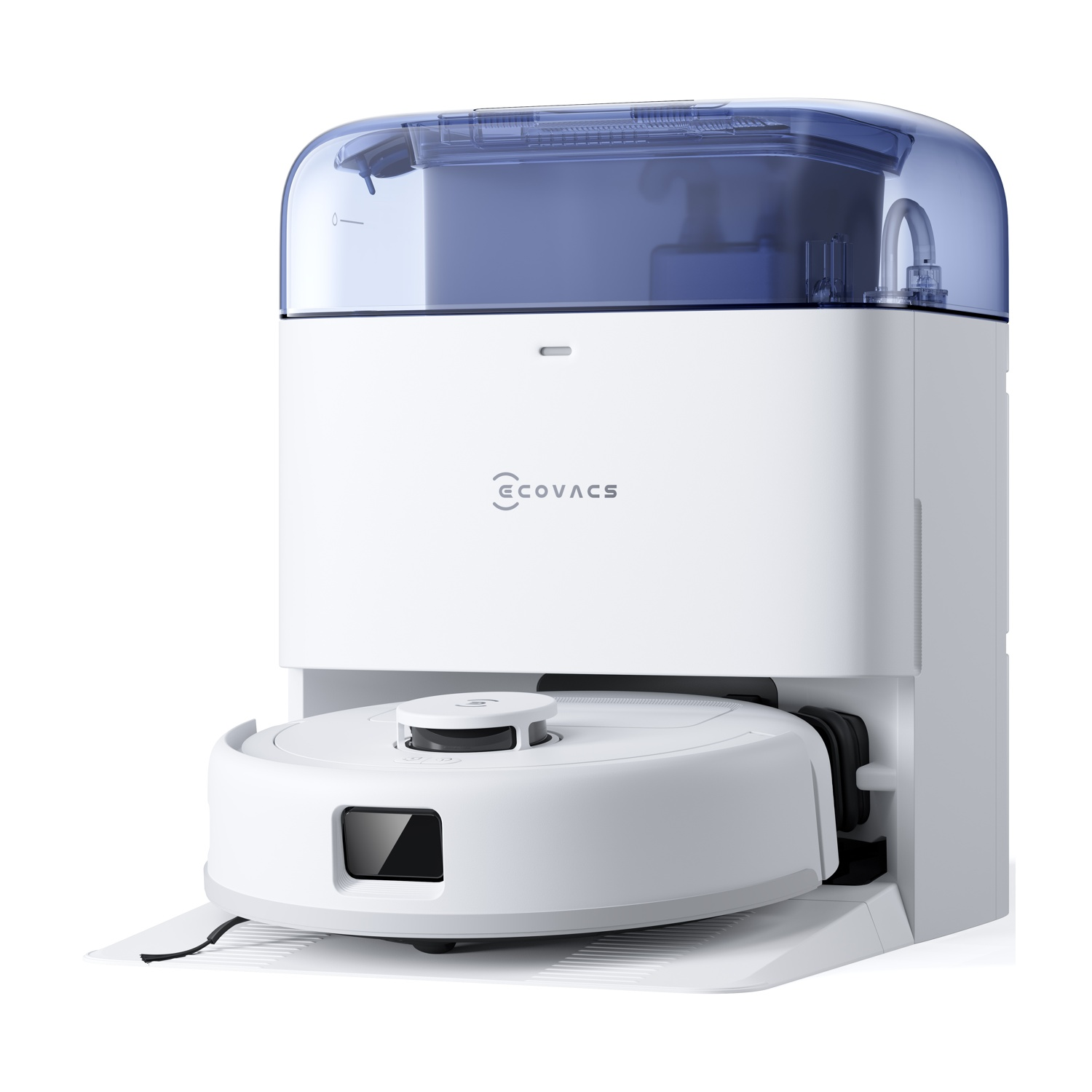 Aspirapolvere robotico Ecovacs bianco con parte superiore blu e sensore nero. L'aspirapolvere è su una base bianca.