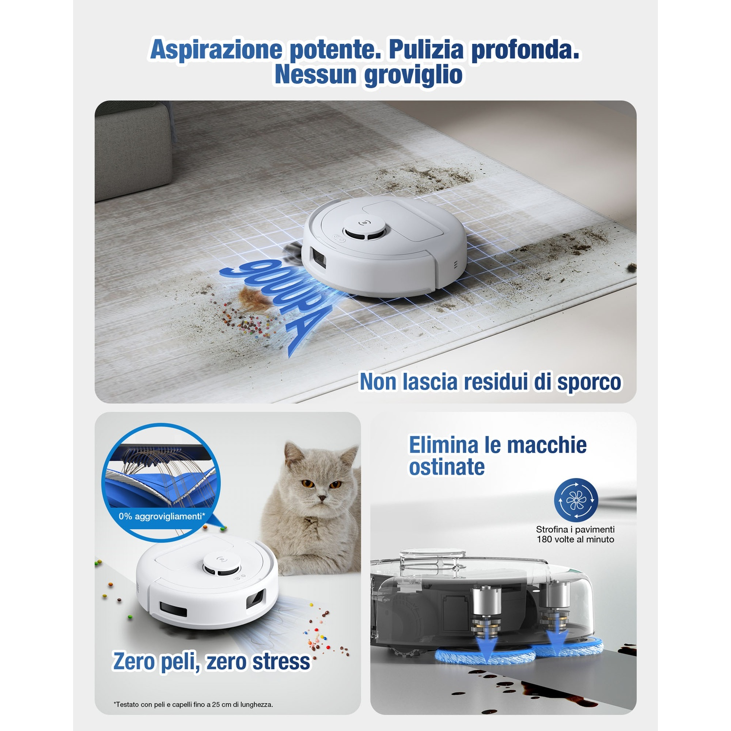 Un aspirapolvere robotico bianco pulisce un pavimento sporco. Un gatto è nelle vicinanze. Il testo evidenzia funzioni come la potente aspirazione.