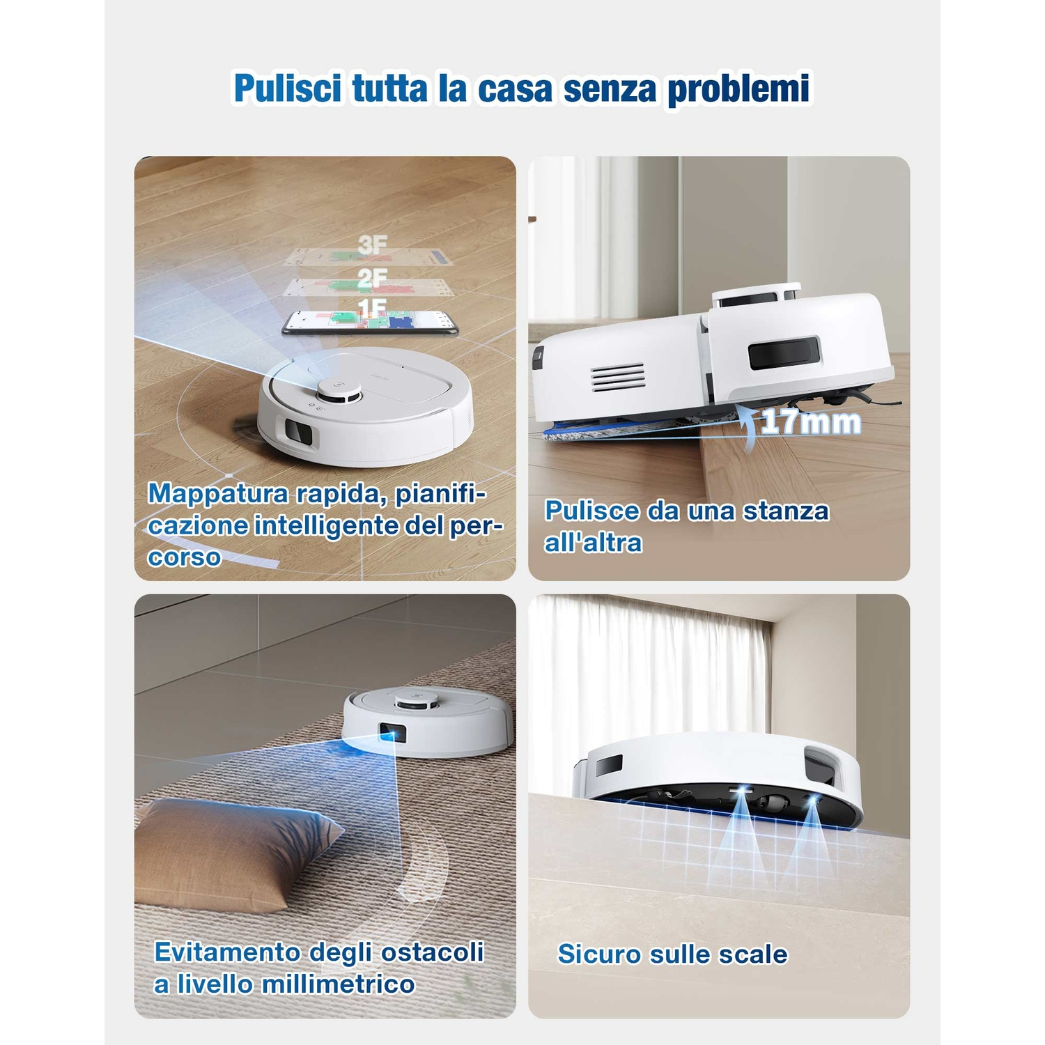 Aspirapolvere robot bianco con diverse funzioni. Naviga, pulisce le stanze, evita gli ostacoli ed è sicuro sulle scale.