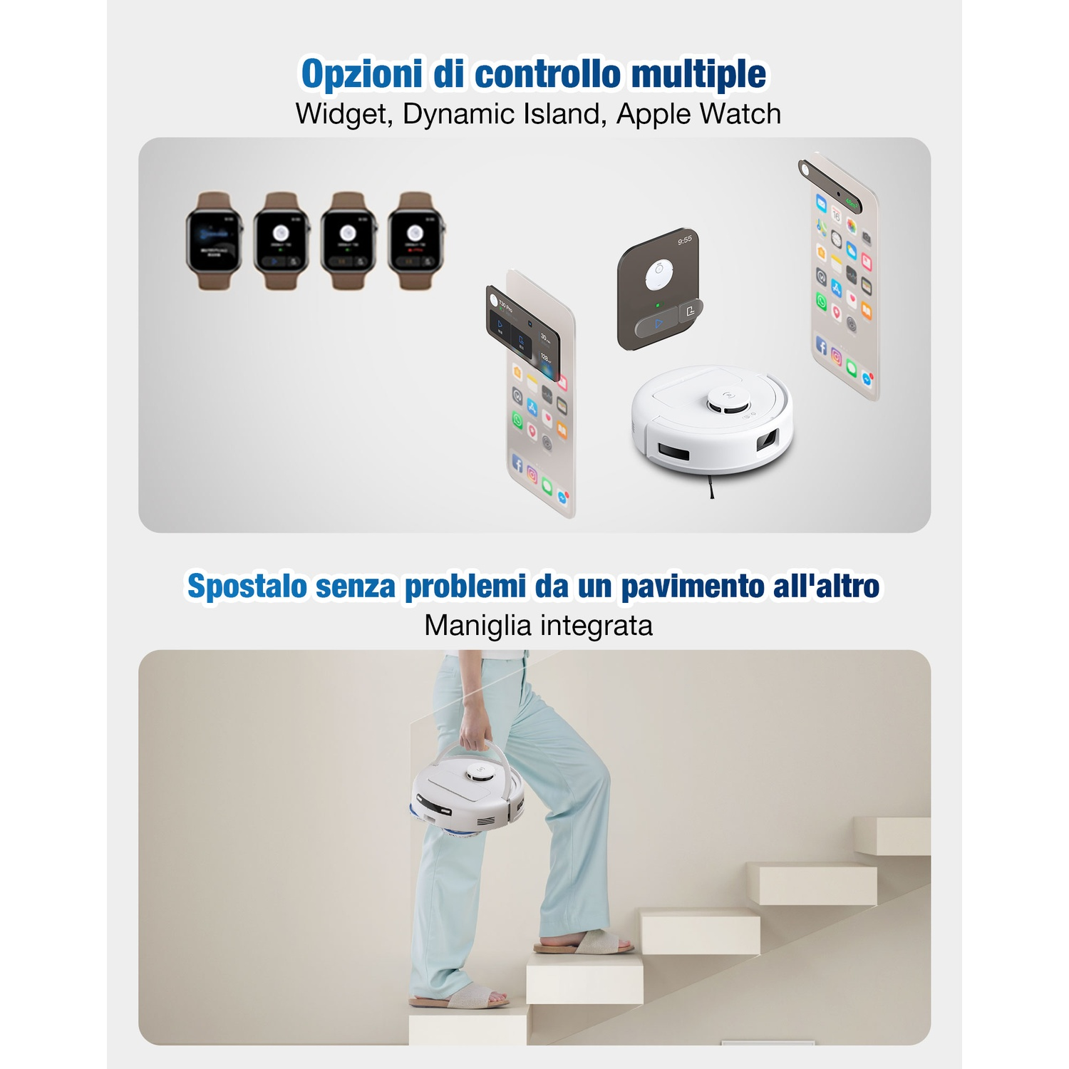 L'immagine mostra smartwatch, telefoni, un aspirapolvere robot e una persona che porta un aspirapolvere su per le scale.
