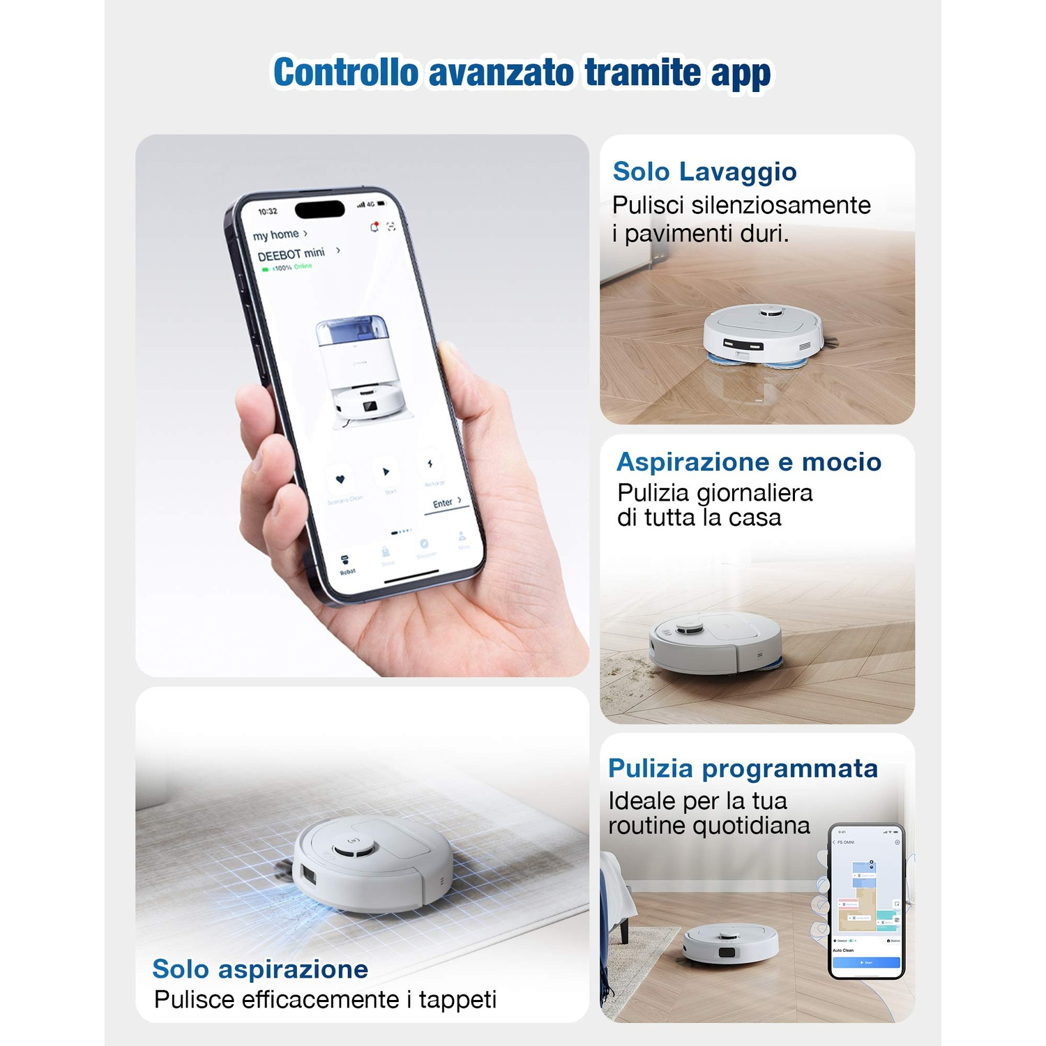Uno smartphone mostra un'app per robot aspirapolvere. Vengono mostrati tre robot aspirapolvere, con testo sulle funzioni di pulizia.