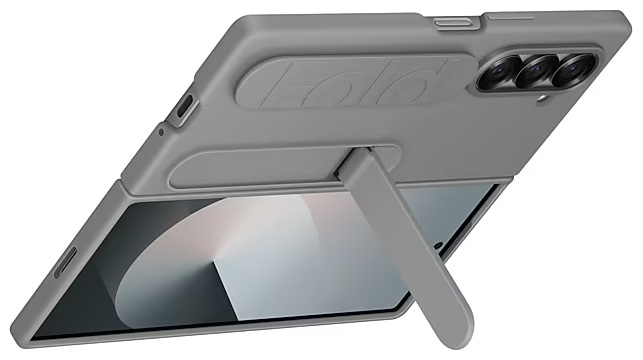 Szary składany telefon ze stojakiem. Telefon ma trzy aparaty. Stojak podtrzymuje otwarty ekran.