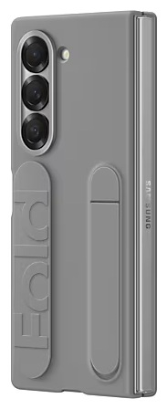 Szara obudowa telefonu Samsung z wytłoczonym słowem "FOLD". Ma podpórkę i trzy obiektywy aparatu.