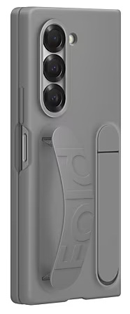 Szare etui na smartfon z podstawką i trzema aparatami. Na etui wytłoczono napis 'LOU'. Podstawka jest wysunięta.