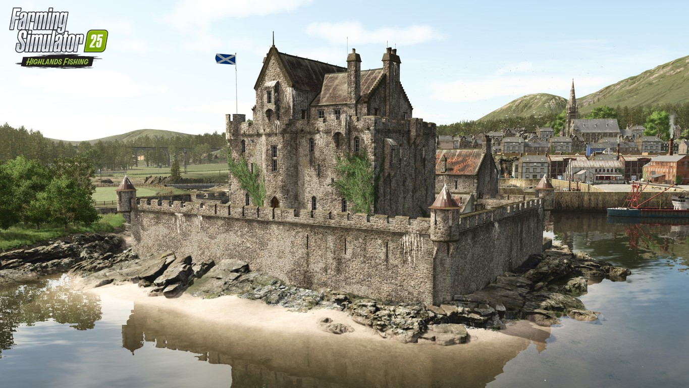 Kamienny zamek ze szkocką flagą stoi na skalistej wyspie. W tle miasto i góry. Spokojna woda odbija scenę.