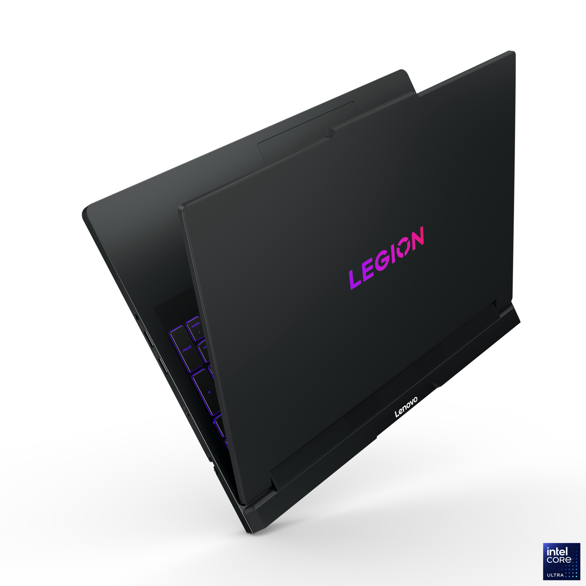 Schwarzer Lenovo Legion Laptop, geöffnet, um Tastatur und Bildschirm freizugeben. Das Legion-Logo ist sichtbar.
