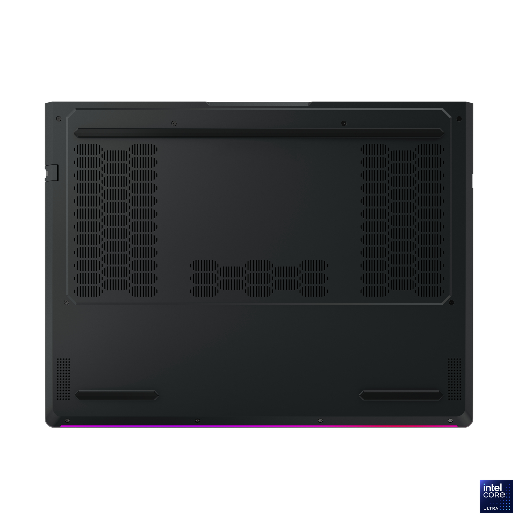 Schwarze Laptop-Unterseite mit Lüftungsgittern. Unten befindet sich ein violetter Lichtstreifen. Intel Core Ultra-Logo rechts.