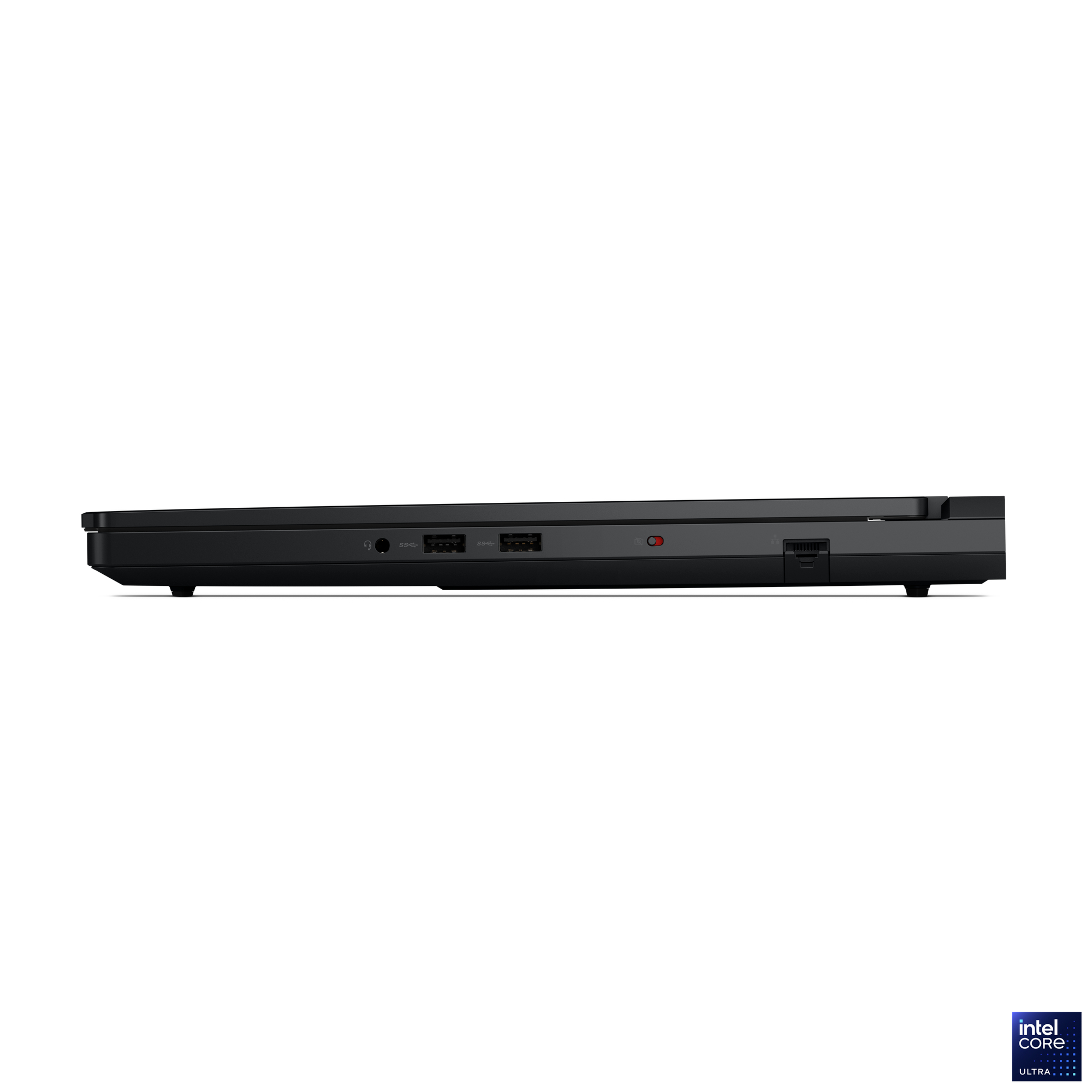 Seitenansicht eines schwarzen Laptops mit Anschlüssen und einem Power-Button. Der Hintergrund ist weiß.