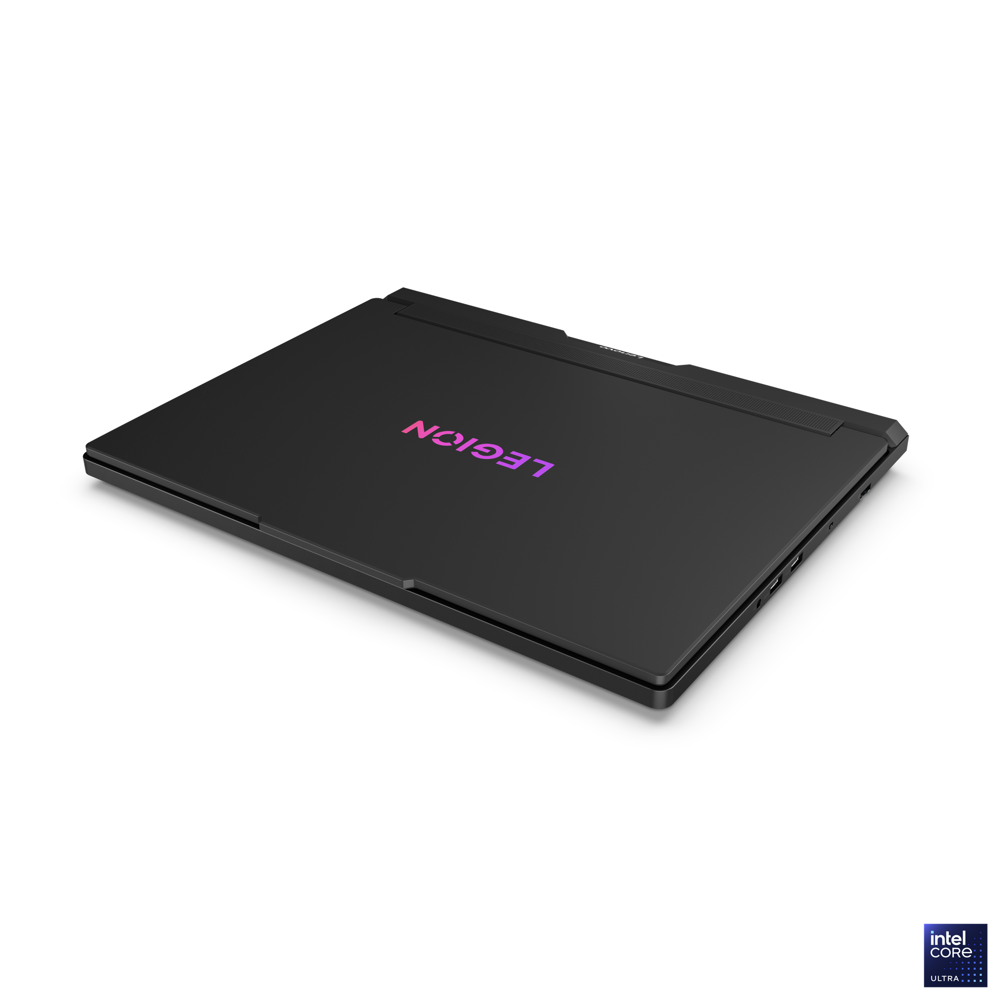 Ein schwarzer Laptop mit dem Wort LEGION oben und einem weißen Hintergrund. Das Intel Core Ultra Logo ist unten rechts.